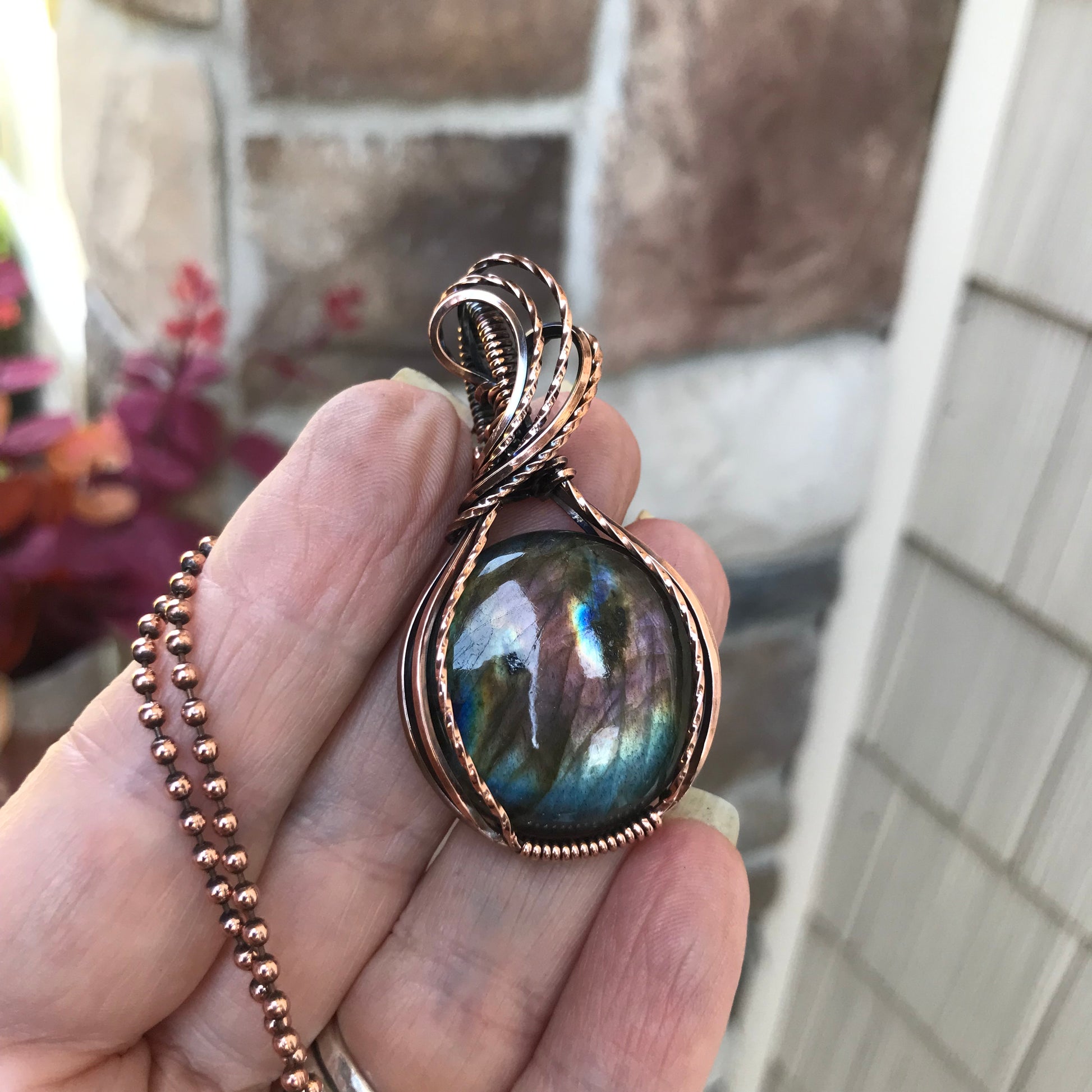 Rainbow Labradorite Round Copper Pendant