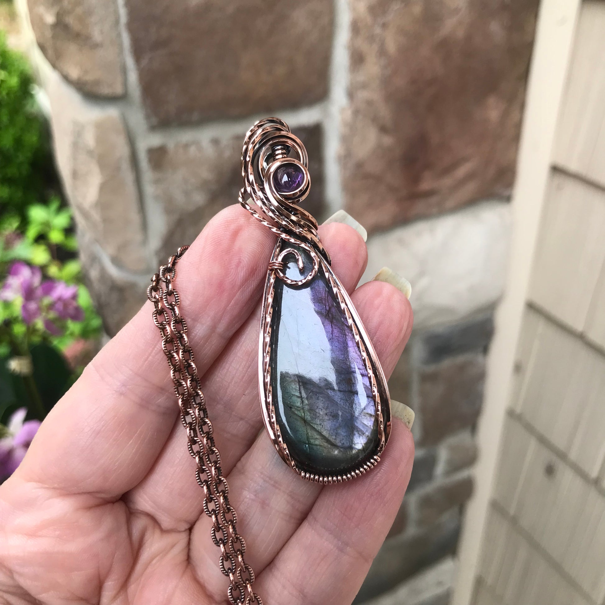 Purple Green Slender Labradorite & Amethyst Copper Pendant