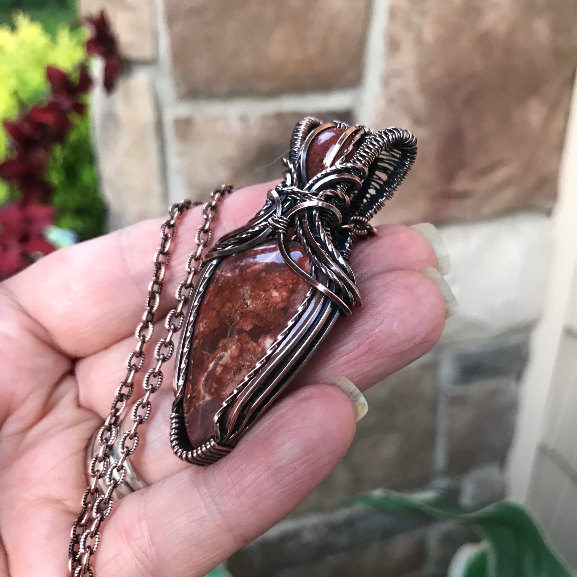 Wildeye Jasper & Sunstone Pendant in Oxidized Copper