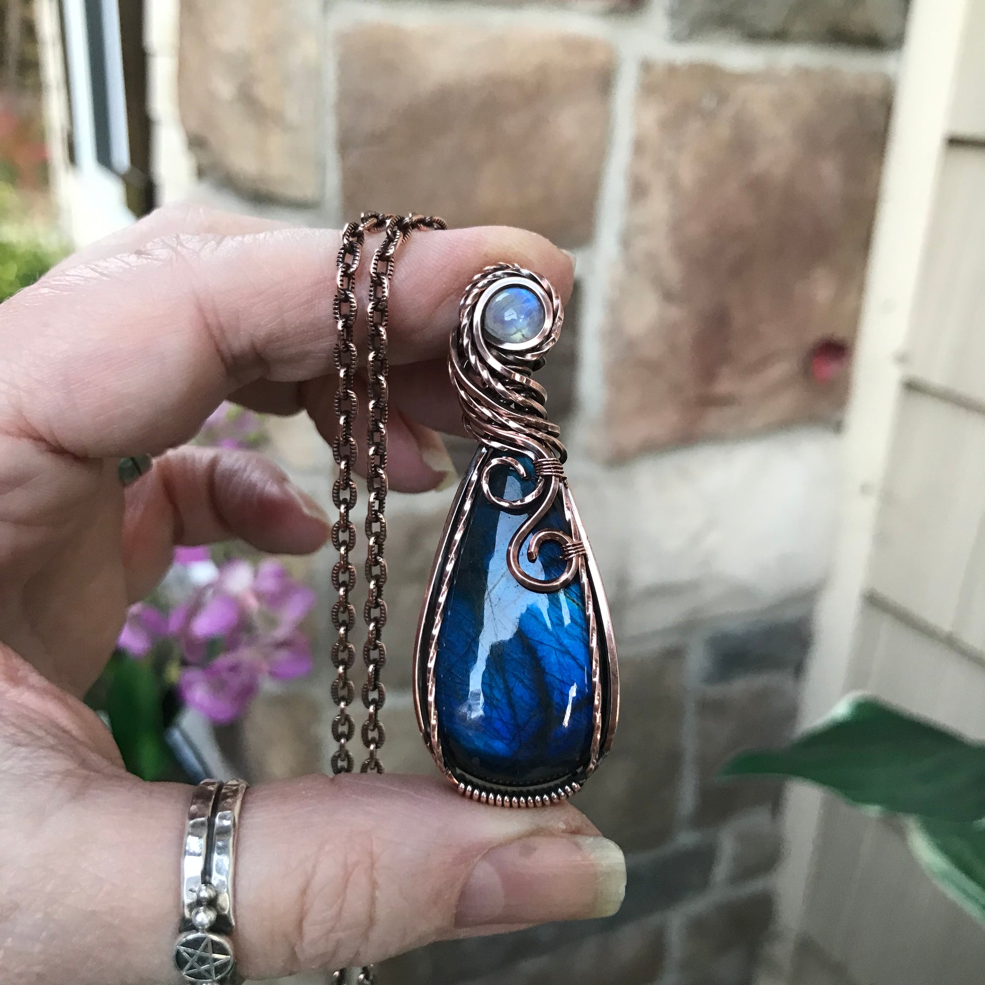 Blue Labradorite & Moonstone Slender Teardrop Copper Pendant