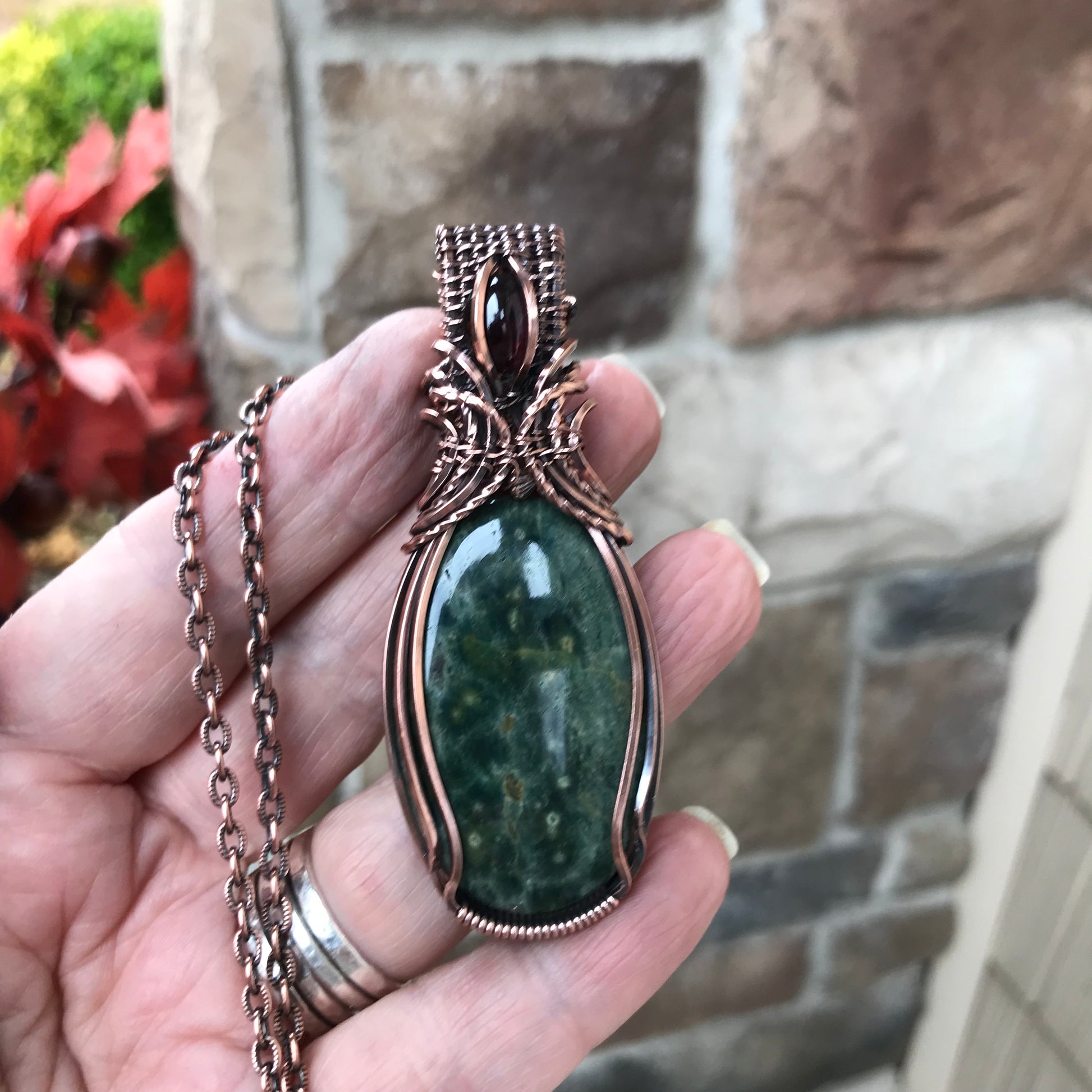Ocean Jasper & Garnet Copper Pendant