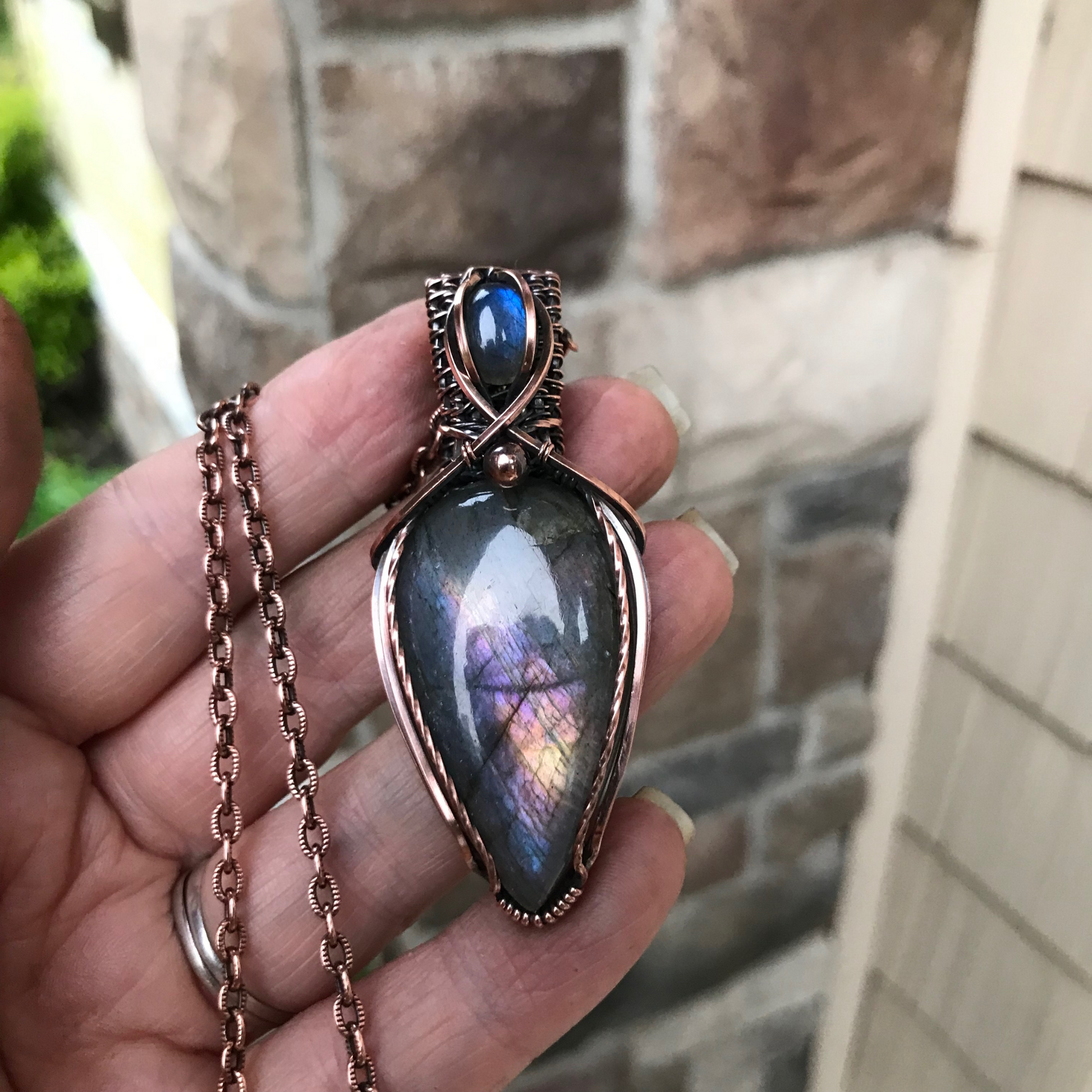 Rainbow Blue Labradorite Copper Pendant with Woven Bail