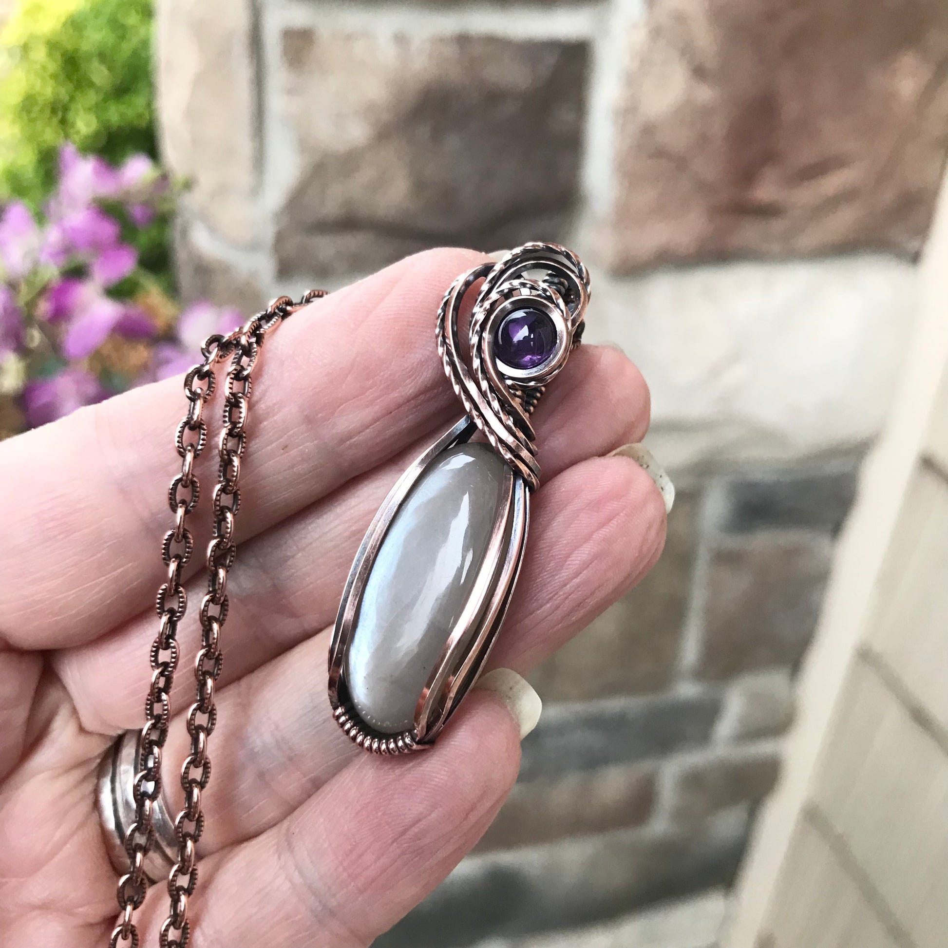 Gray Moonstone & Amethyst Copper Necklace