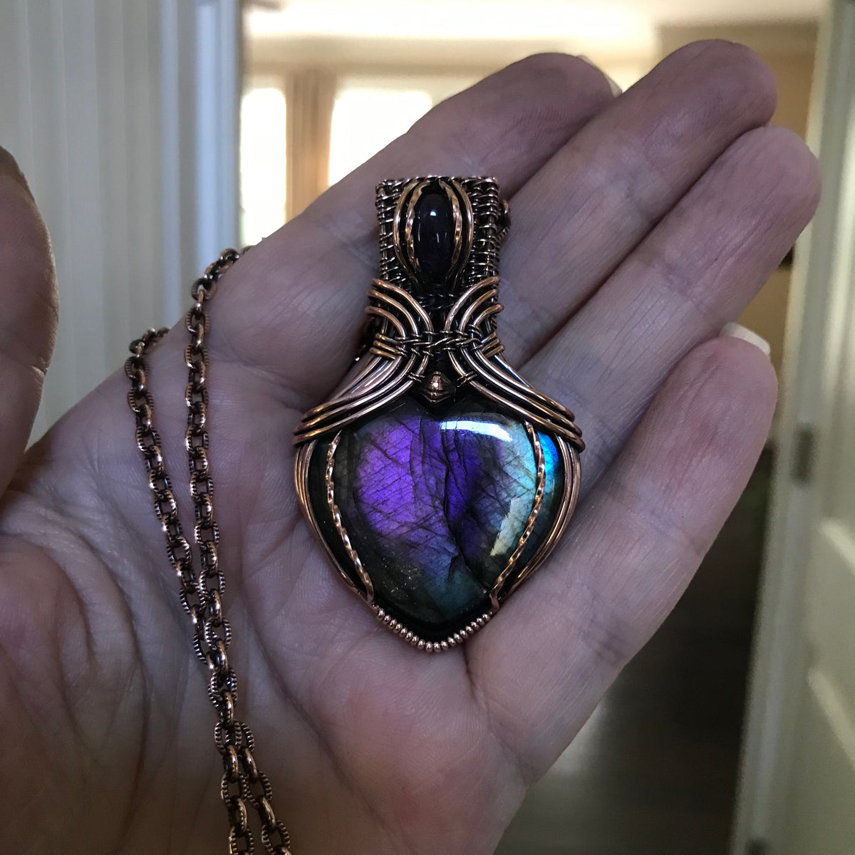 Rainbow Labradorite & Amethyst Copper Pendant