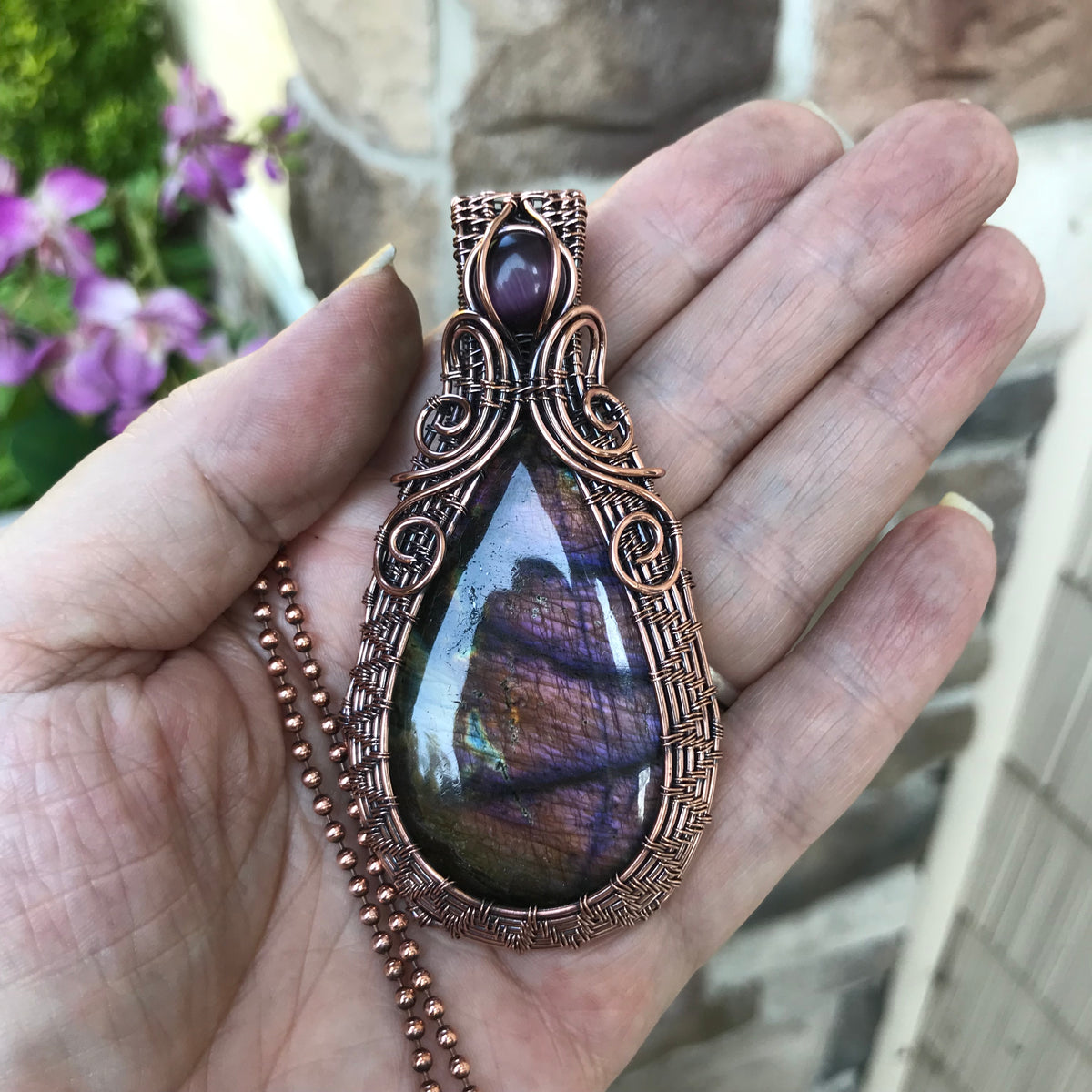 Maroon Purple Labradorite & Pink Cat's Eye Copper Woven Necklace