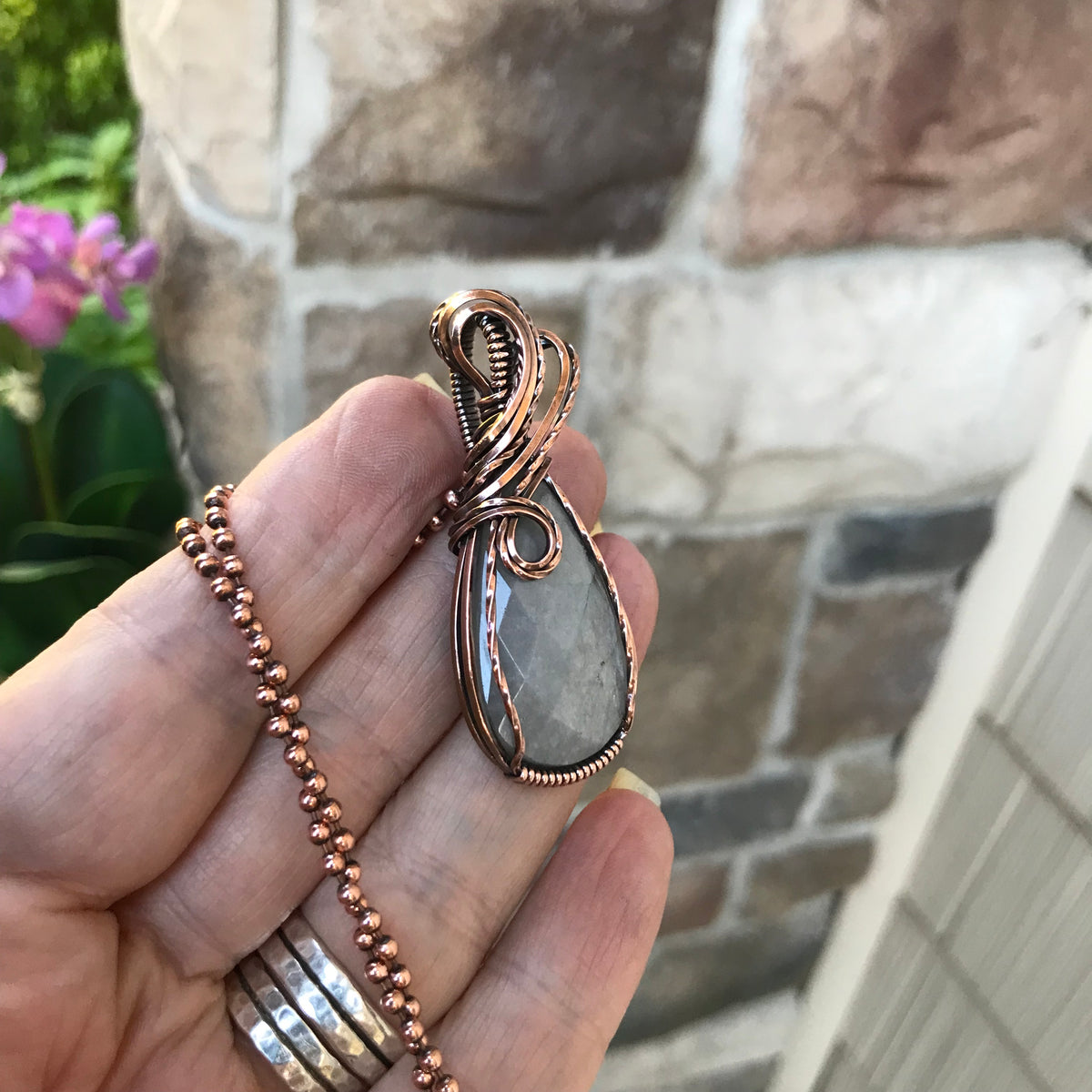 Faceted Gray Moonstone Copper Pendant
