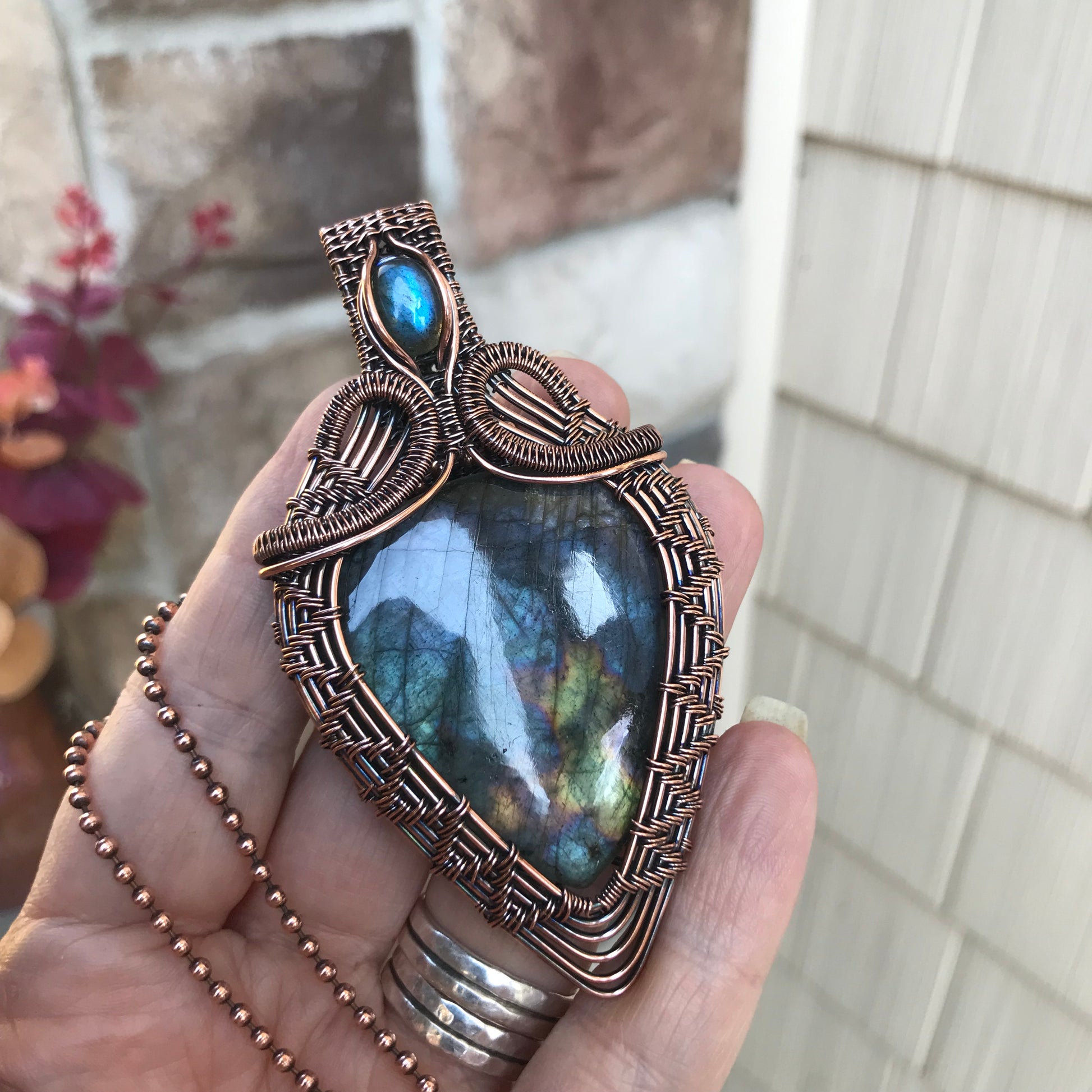 Blue Labradorite Statement Copper Woven Pendant