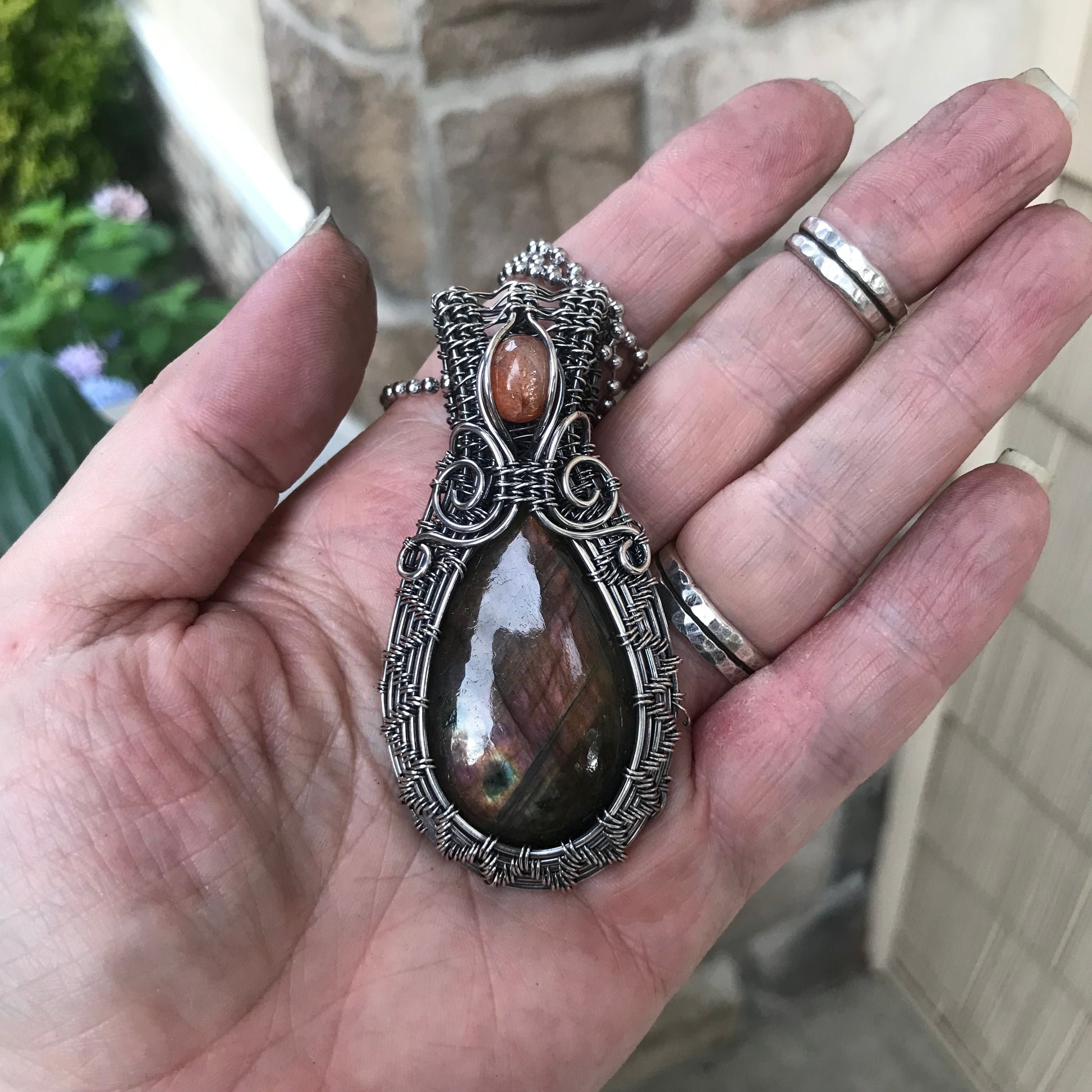 Amber Labradorite & Sunstone Silver Pendant