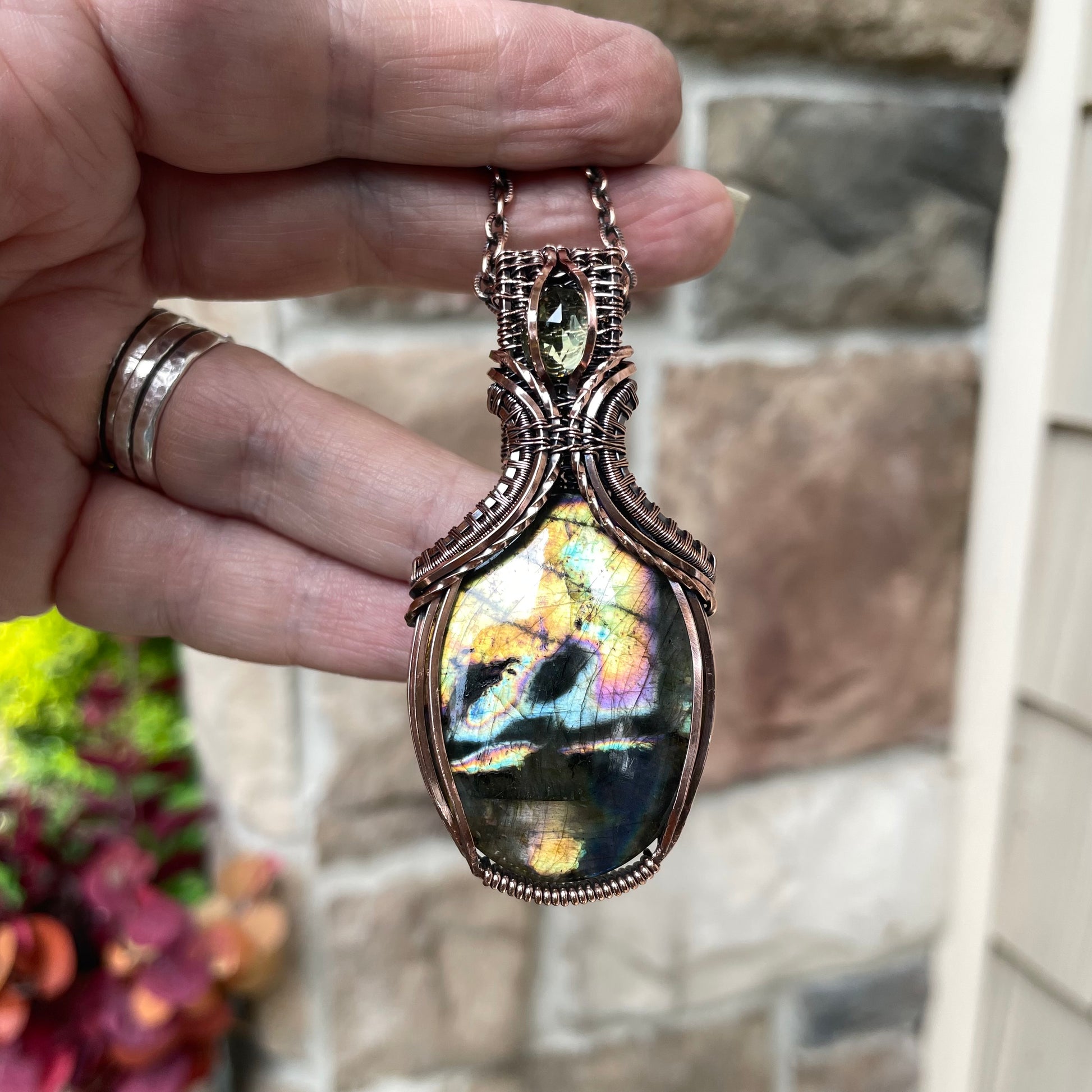 Yellow Orange Labradorite & Lemon Quartz Oval Copper Necklace with Weaving