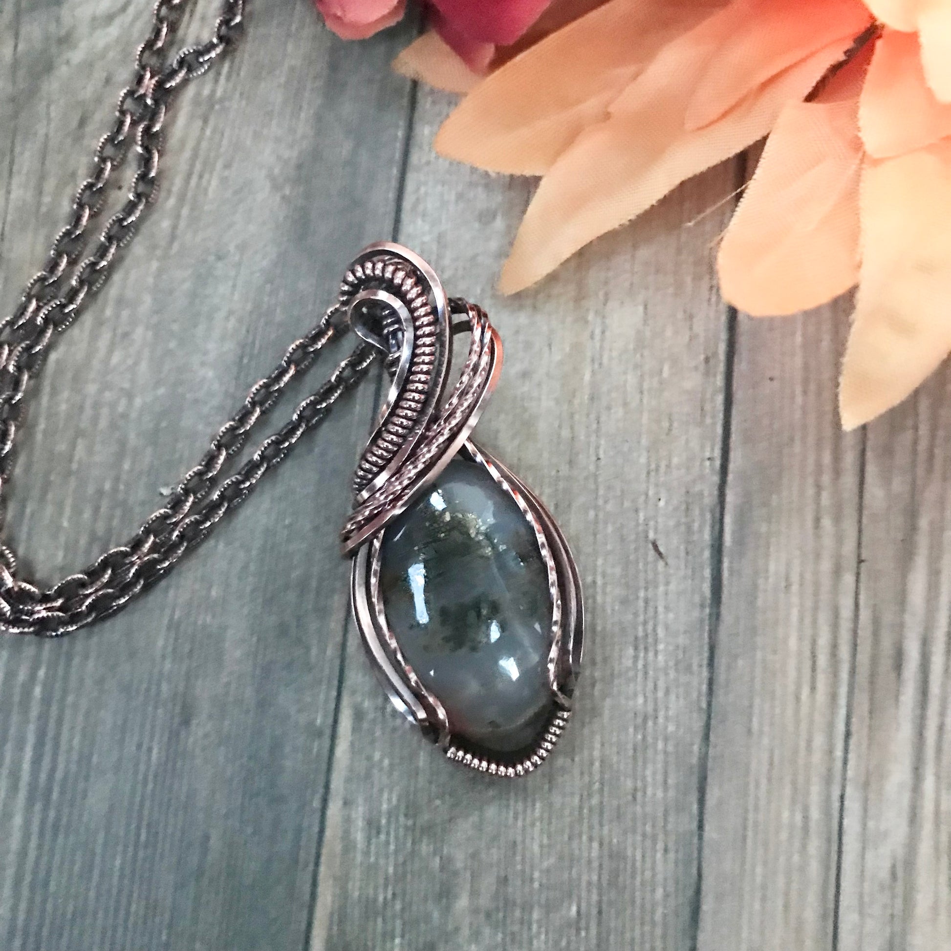 Graveyard Point Plume Moss Agate Copper Pendant