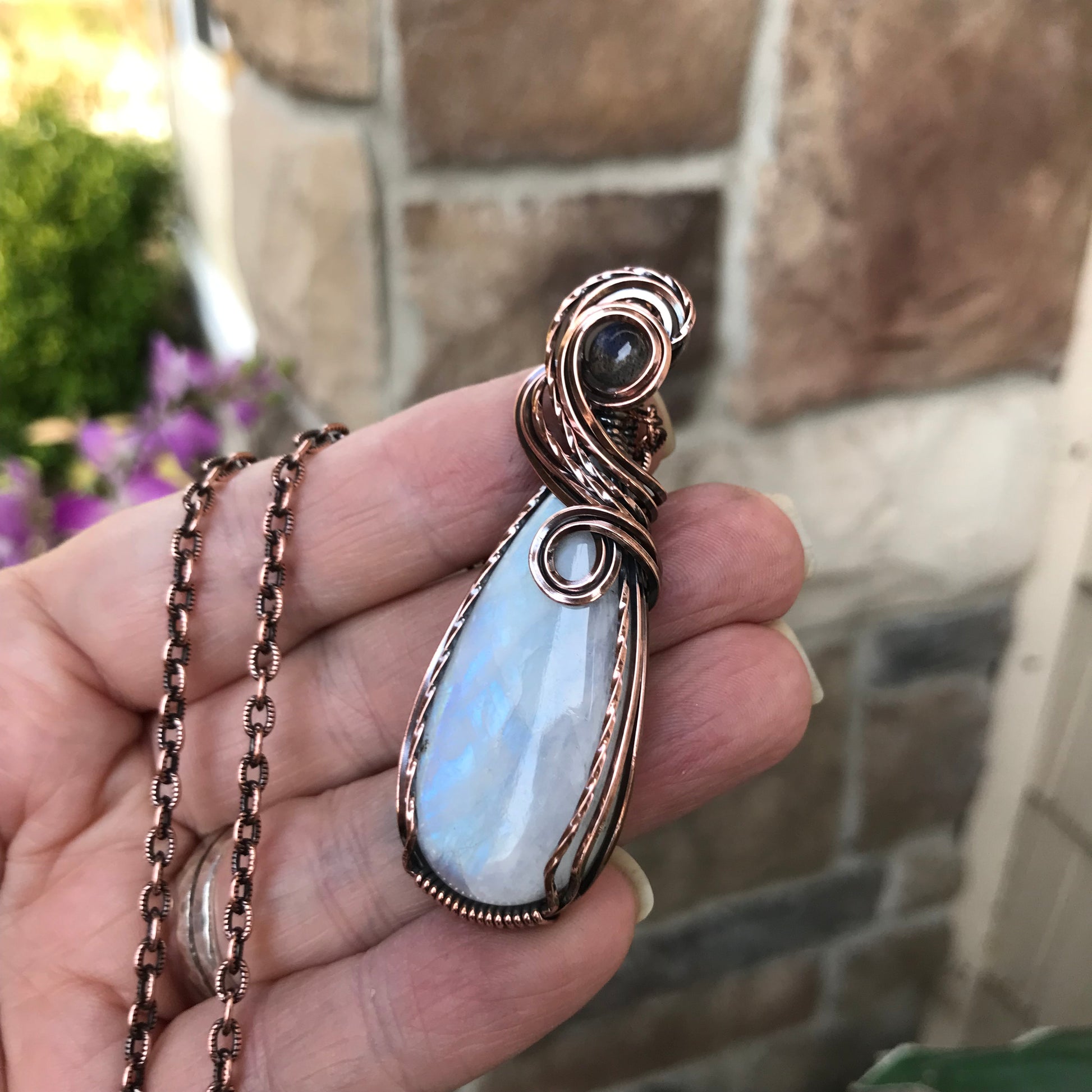 Rainbow Moonstone & Labradorite Copper Pendant