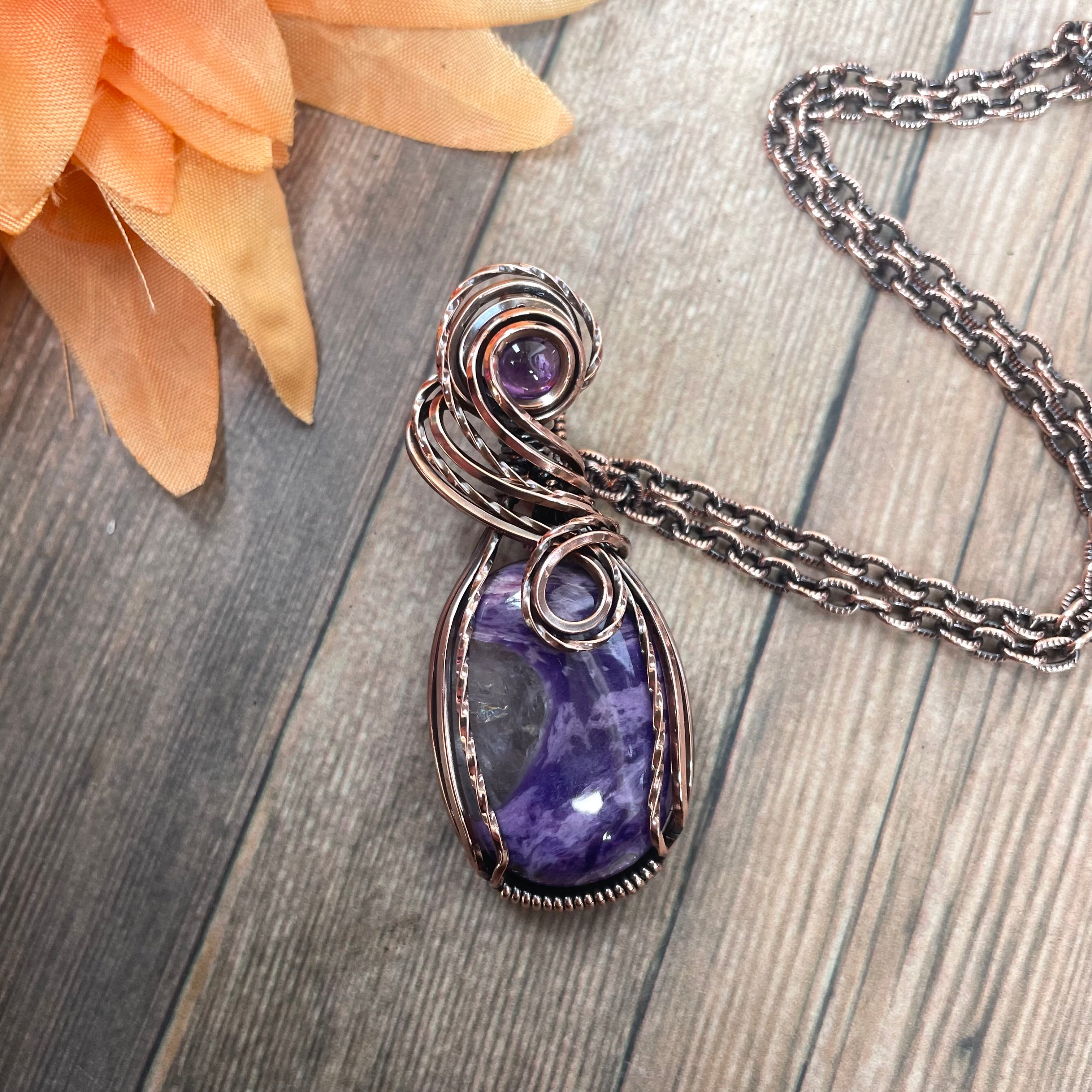 Charoite & Amethyst Oval Copper Pendant
