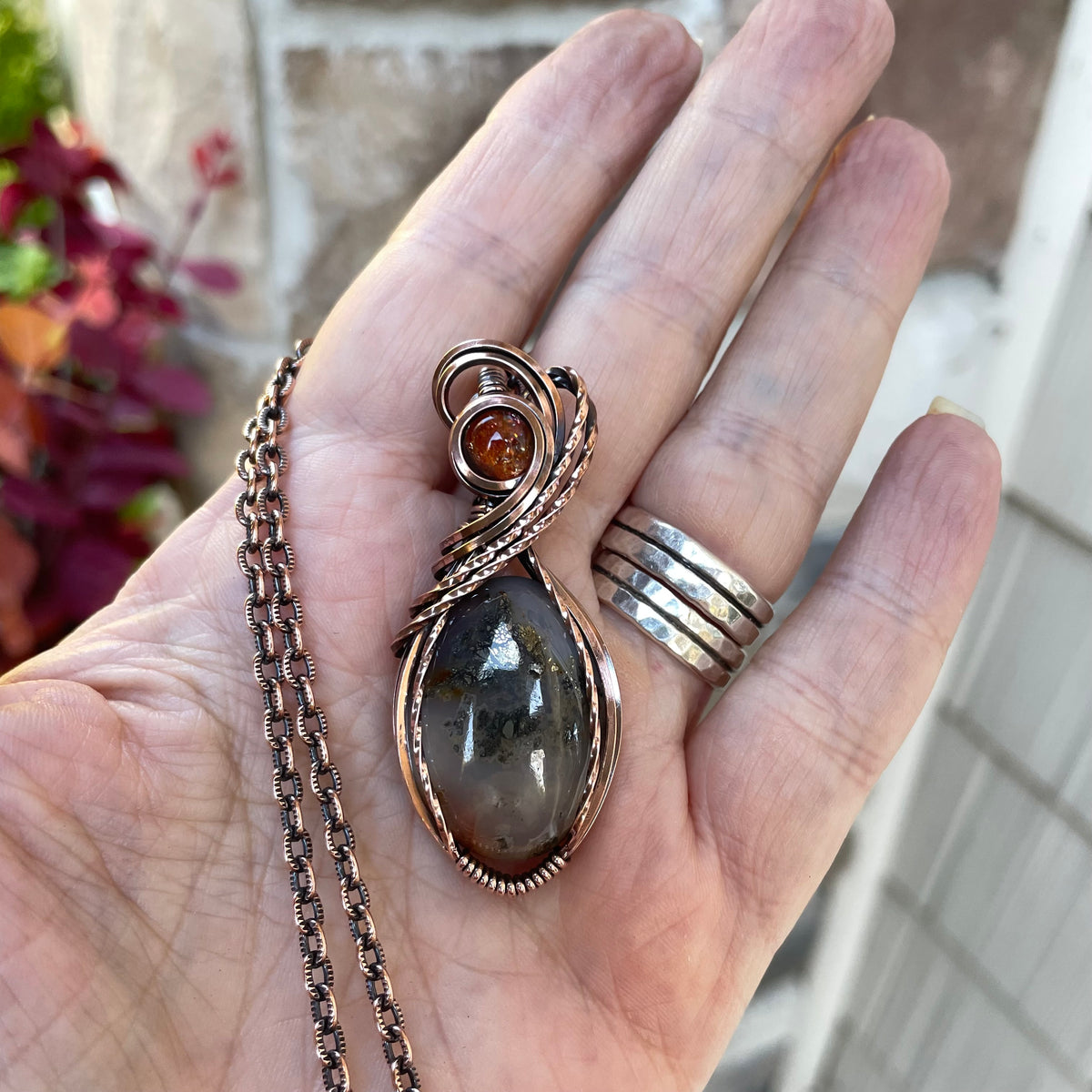 Graveyard Point Plume Agate & Sunstone Copper Necklace