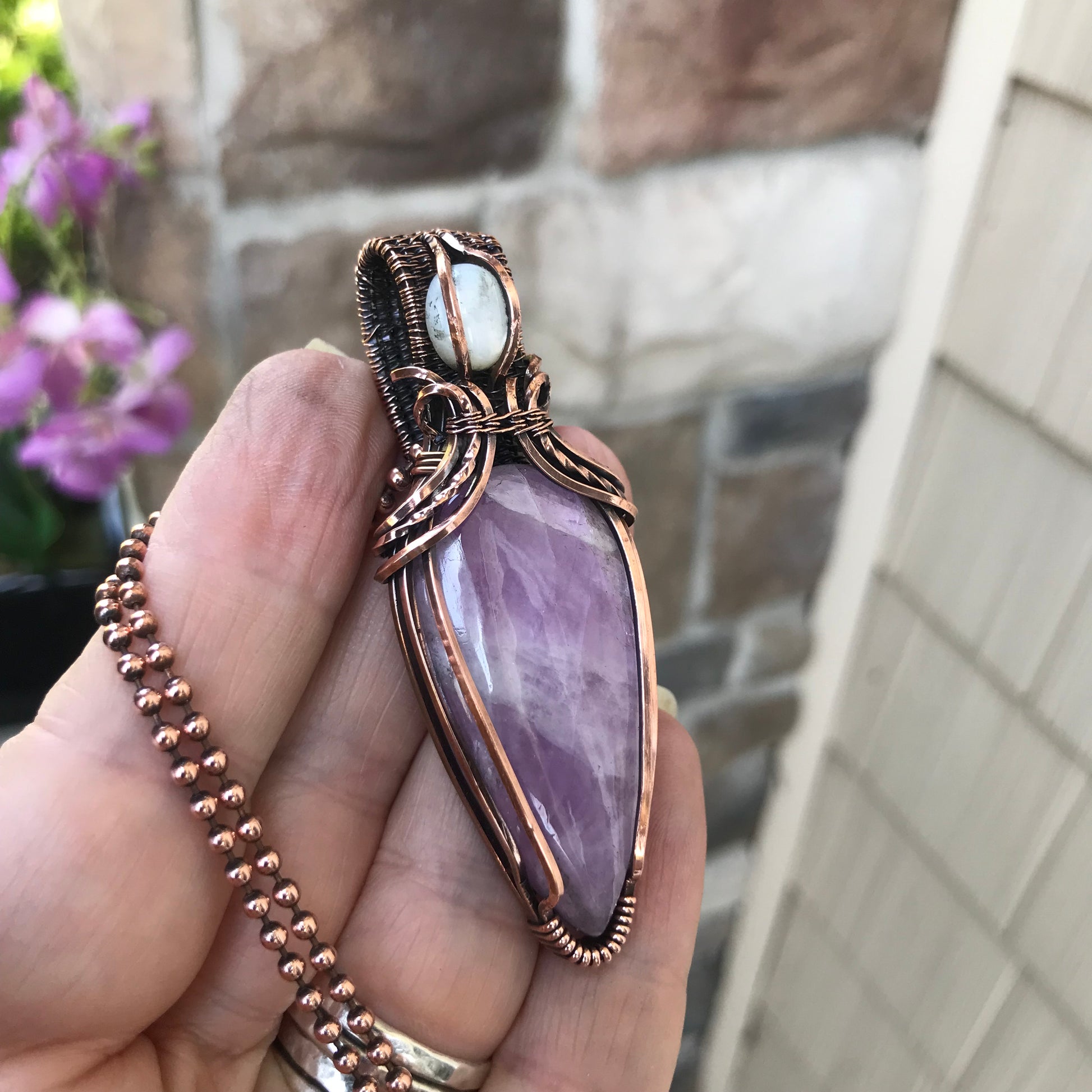 Kunzite & Mother of Pearl Copper Pendant with Weaving