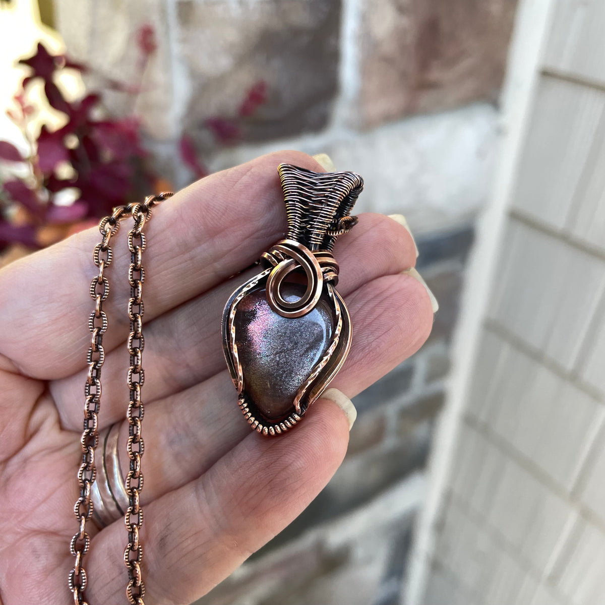 Moonstone Sunstone Teardrop Copper Pendant