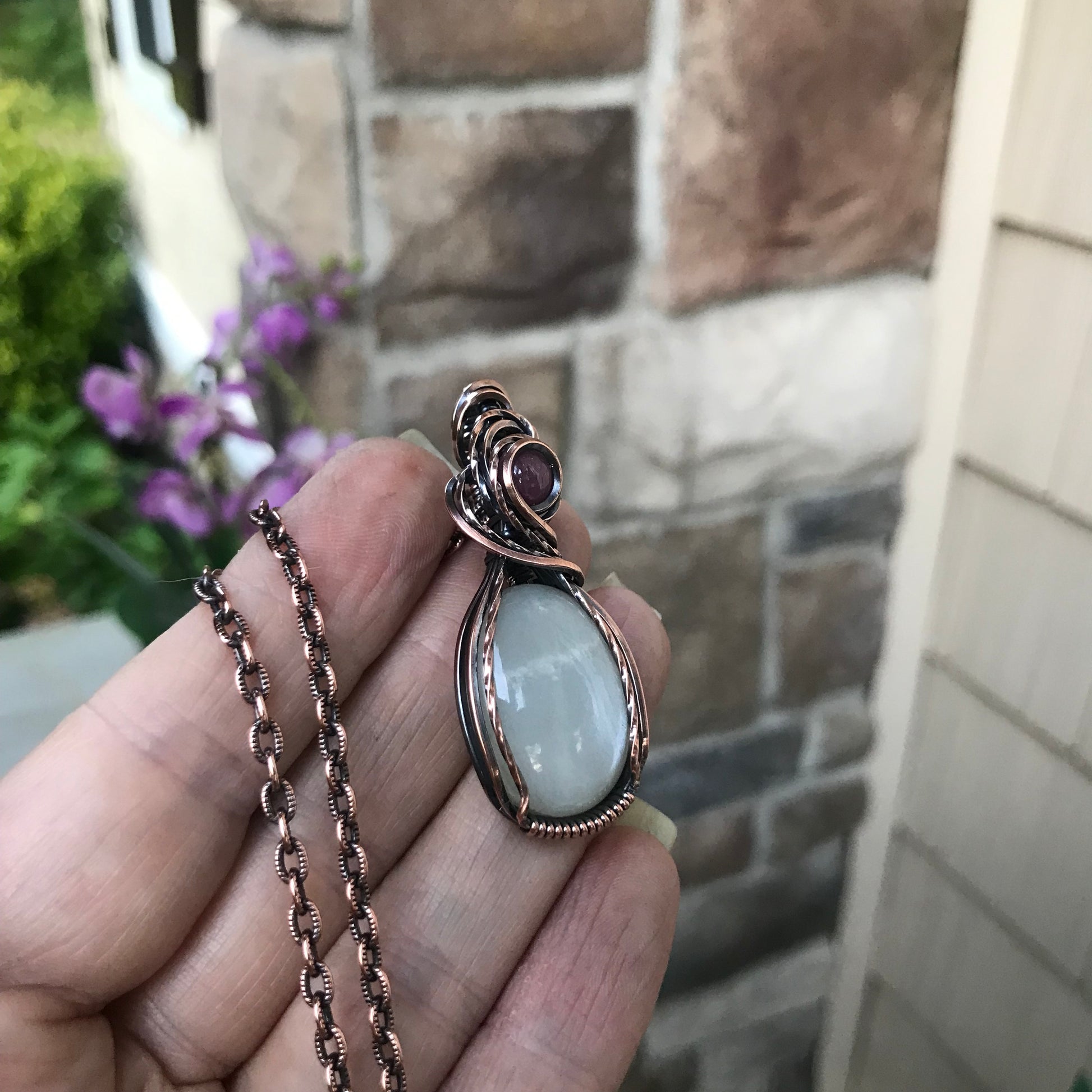 White Moonstone & Ruby Oval Copper Necklace