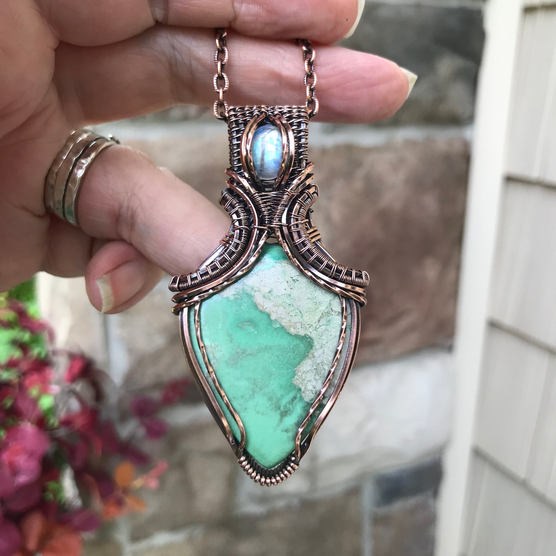 Variscite & Moonstone Copper Pendant with Weaving