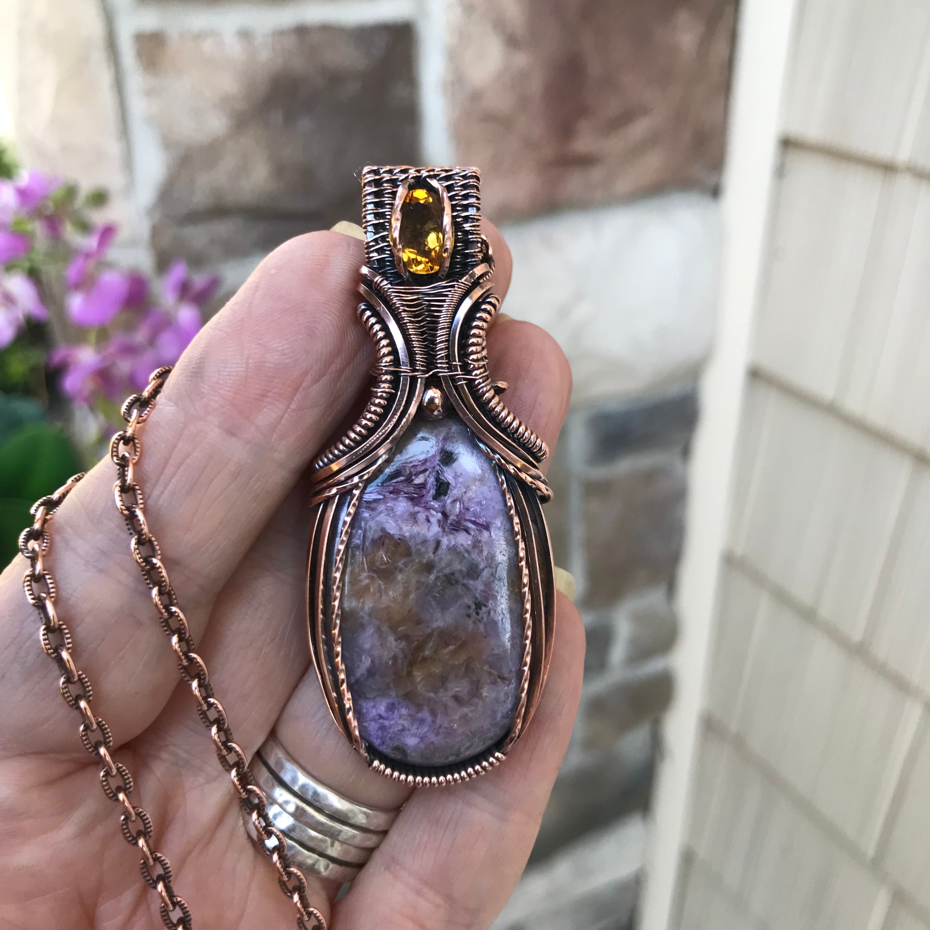 Charoite & Citrine Copper Pendant with Weaving