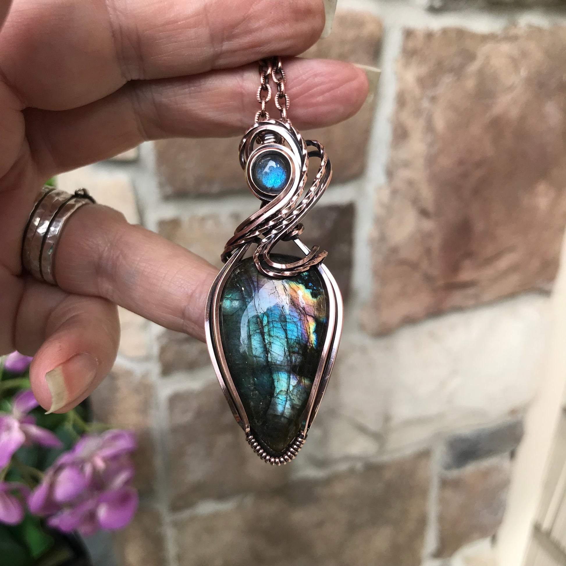 Teal Rainbow Labradorite Copper Pendant