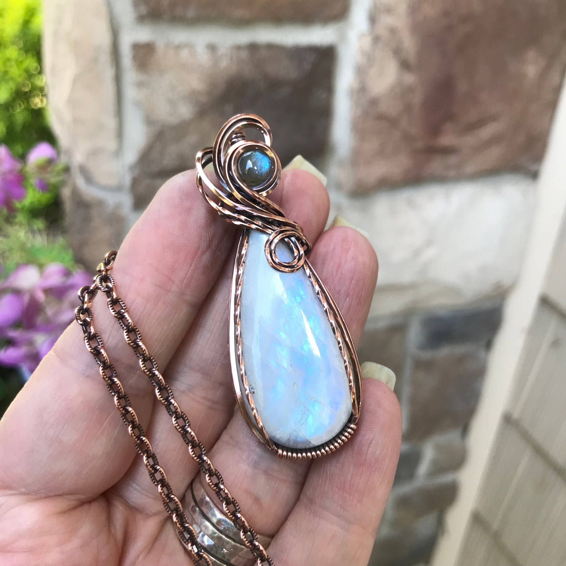 Moonstone & Blue Labradorite Swirly Copper Pendant