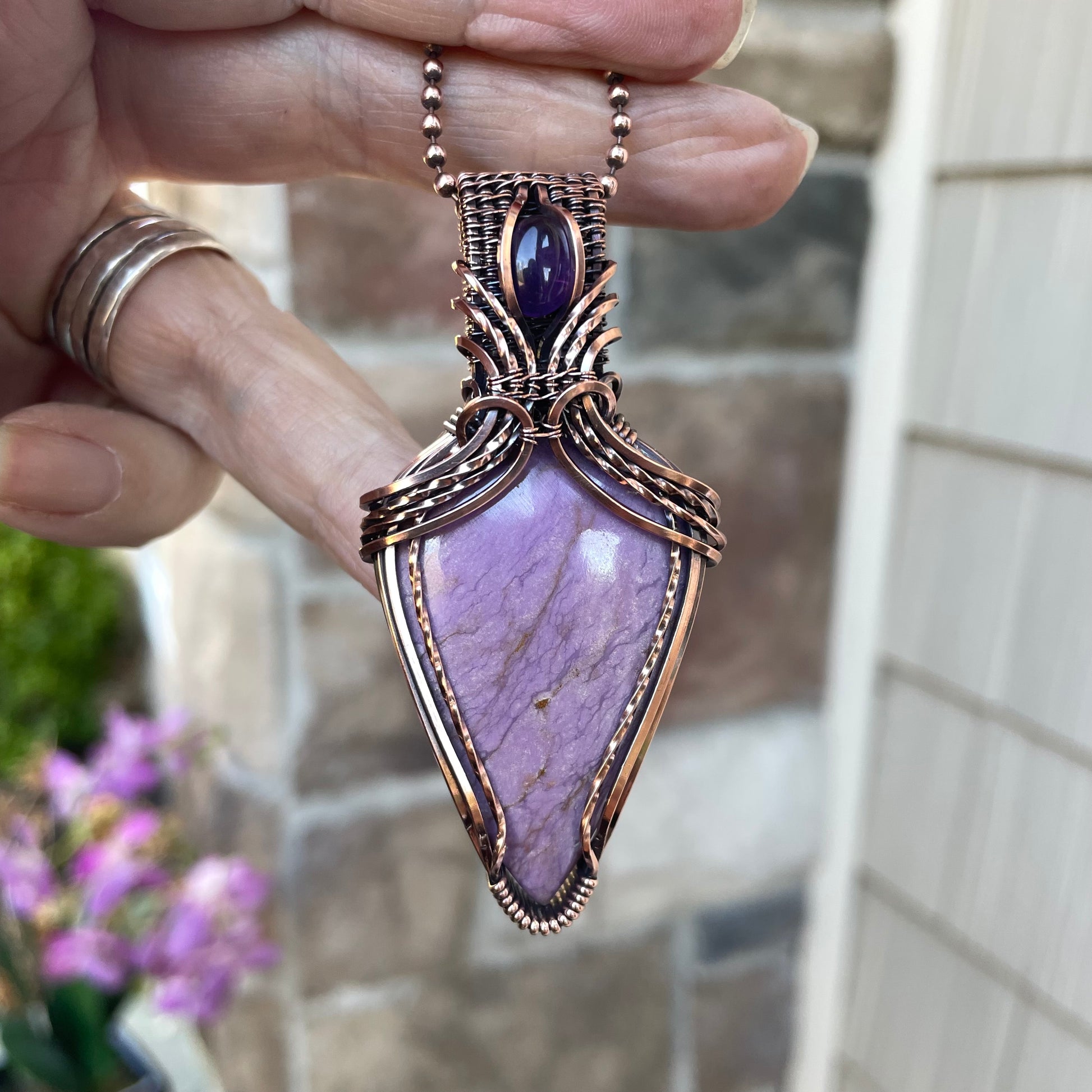 Phosphosiderite & Amethyst Copper Pendant with Weaving