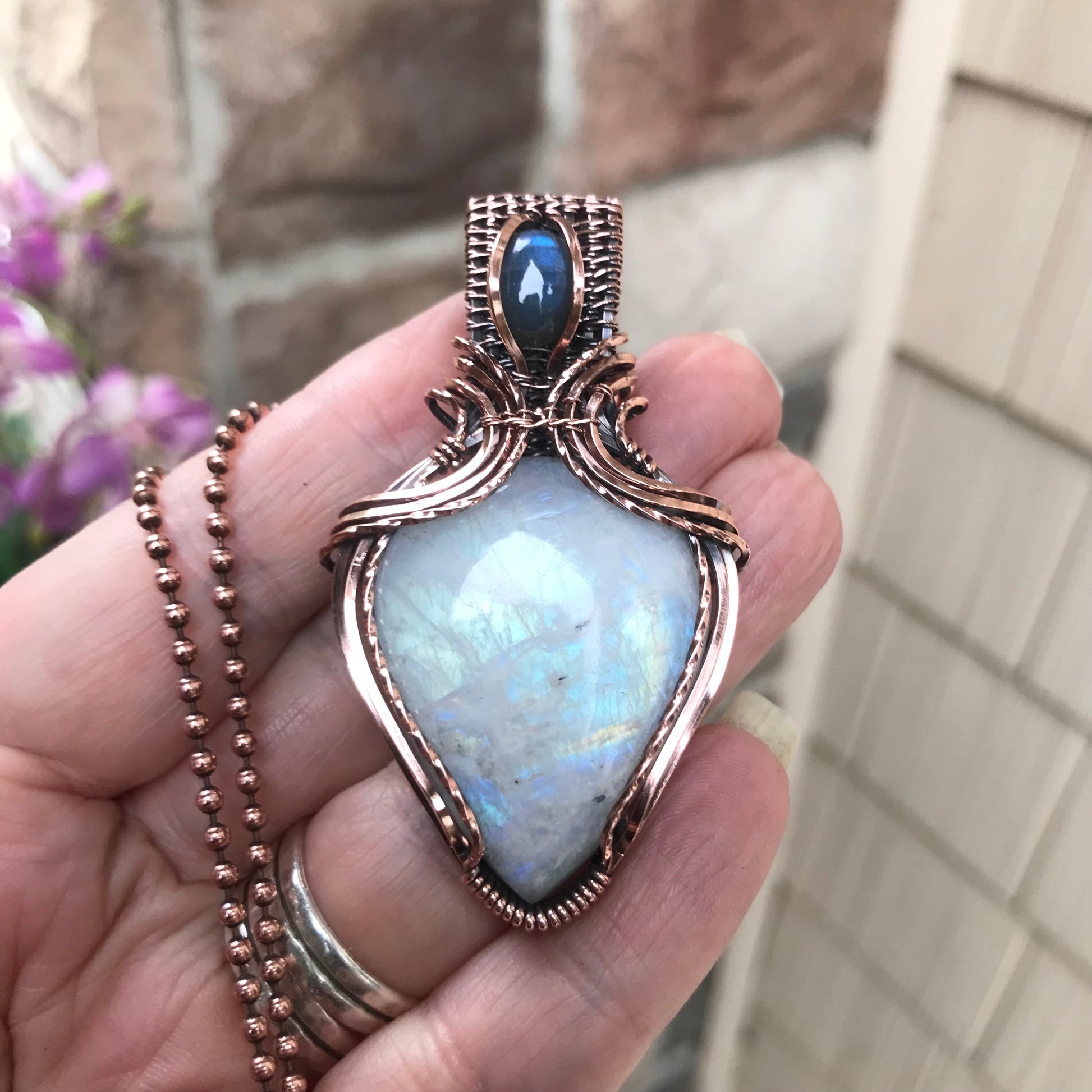 Moonstone & Blue Labradorite Copper Necklace with Weaving