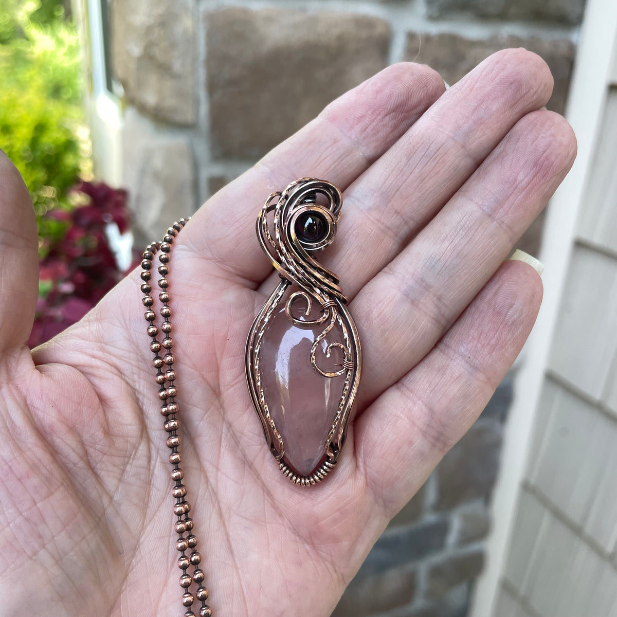 Rose Quartz & Garnet Swirly Copper Necklace