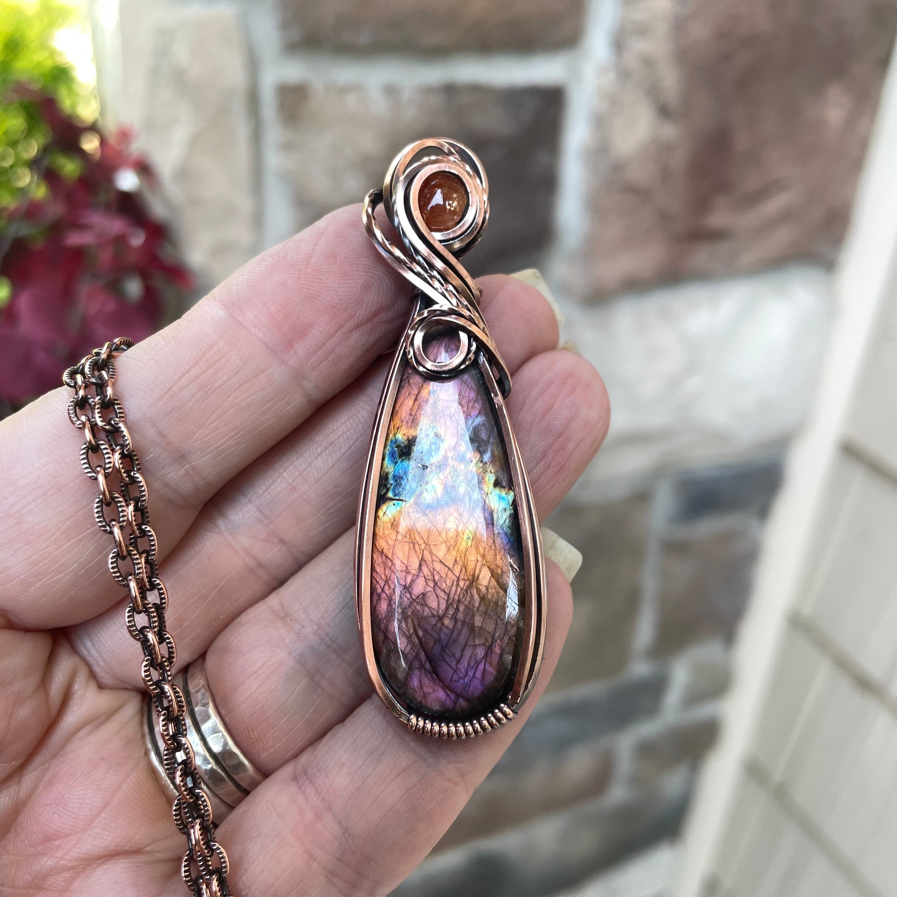 Orange & Purple Labradorite & Sunstone Slender Copper Pendant