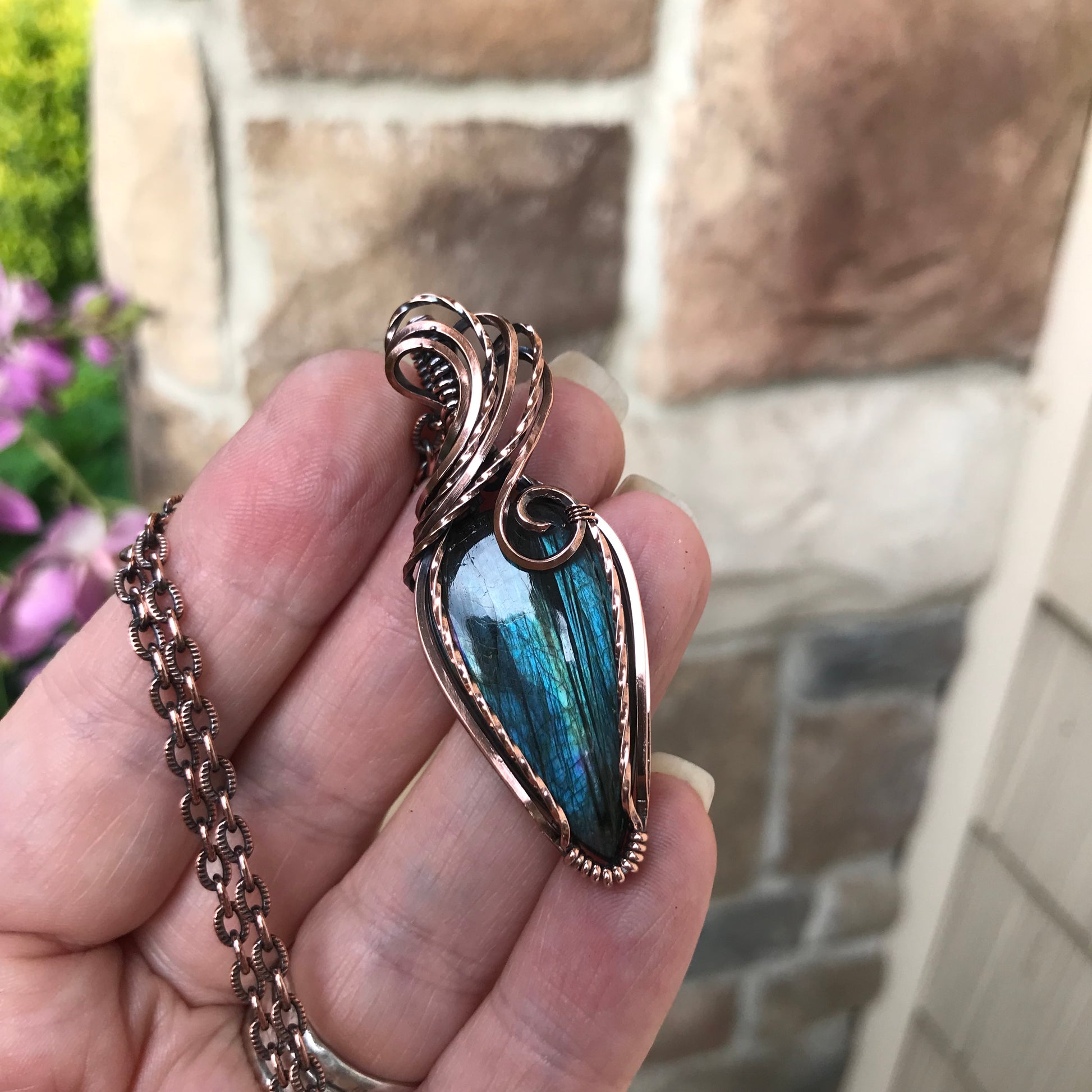 Teal Labradorite Copper Pendant