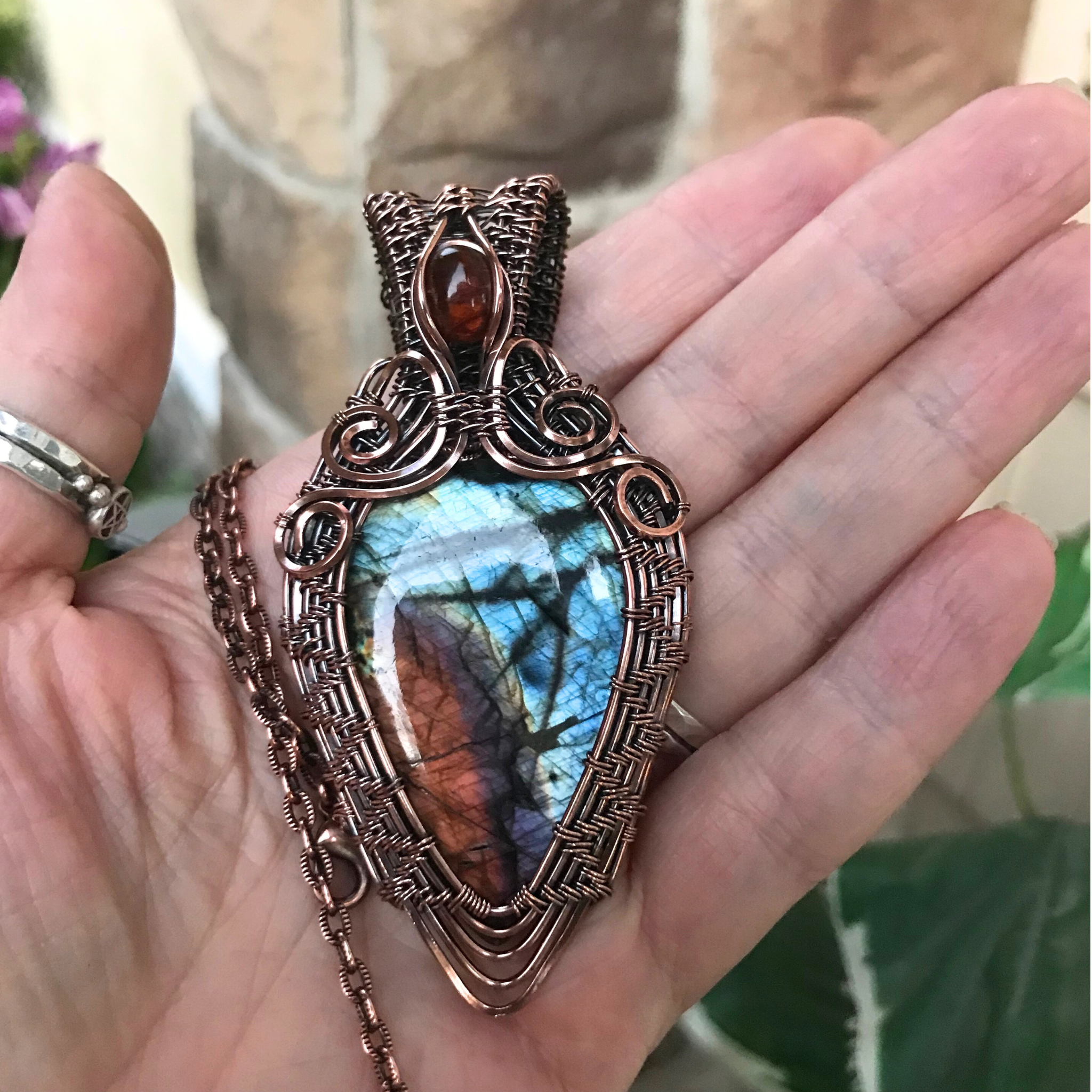 Blue Amber Labradorite & Garnet Woven Pendant