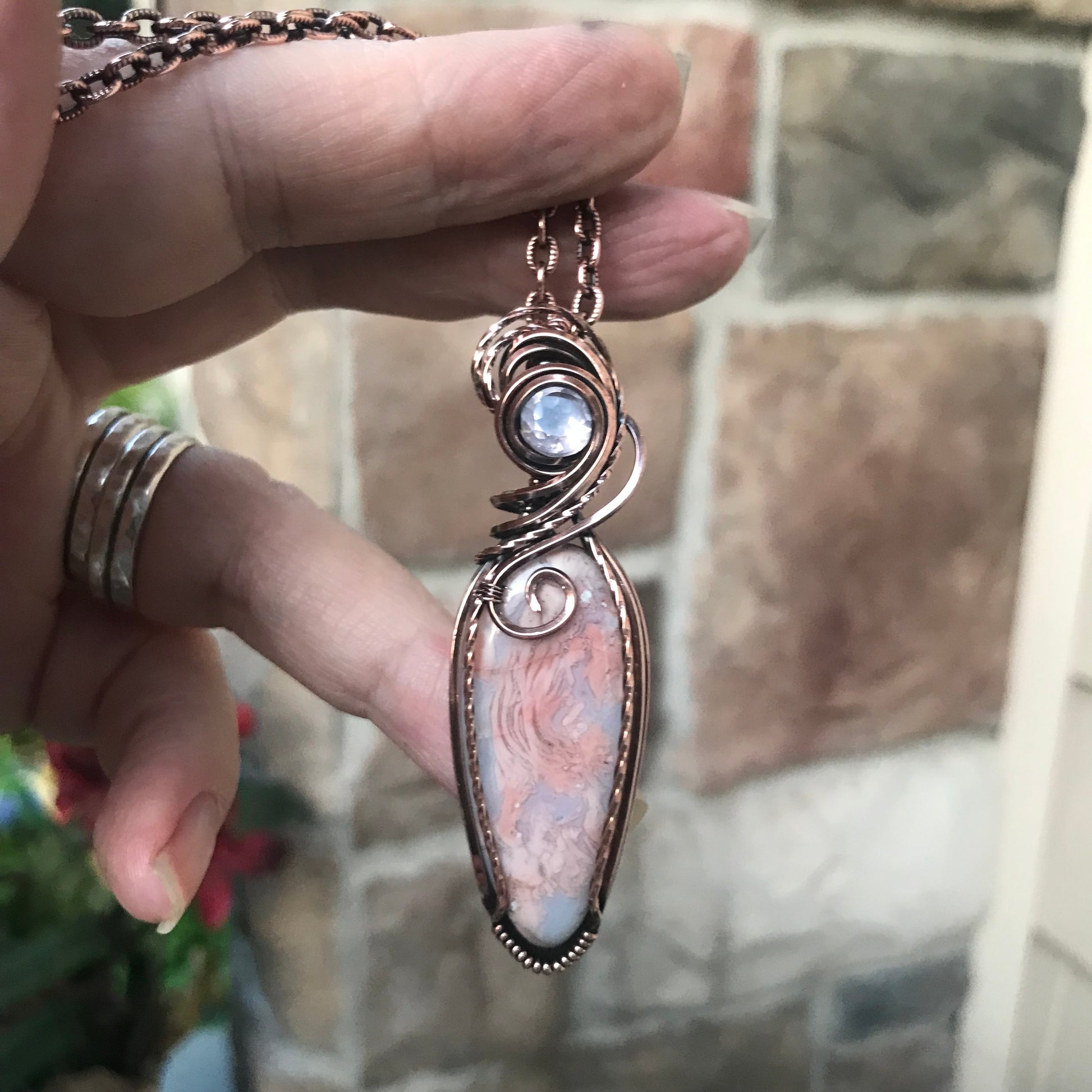 Cotton Candy Agate & Faceted Rose Quartz Copper Pendant