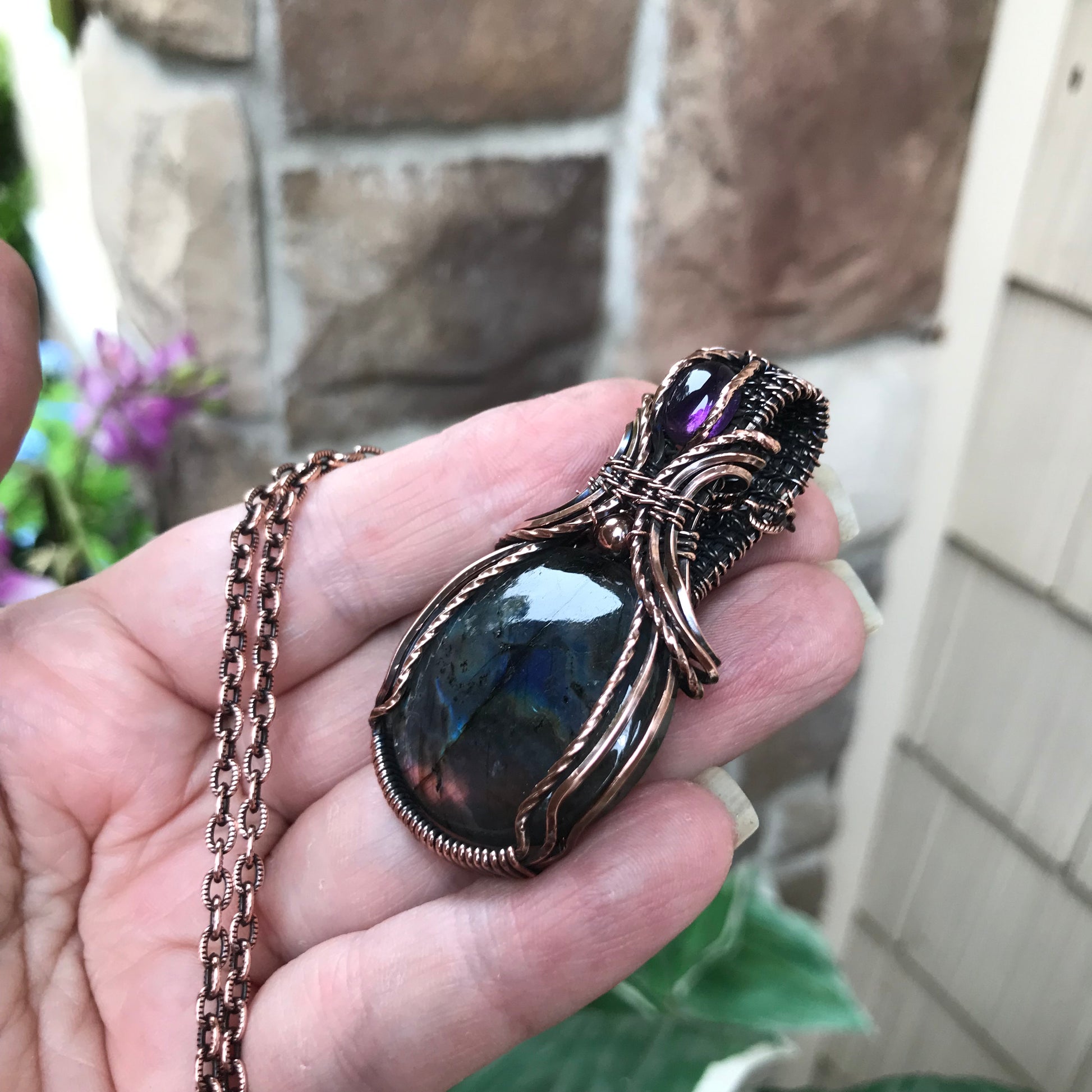 Purple Blue Labradorite & Amethyst Copper Necklace with Weaving