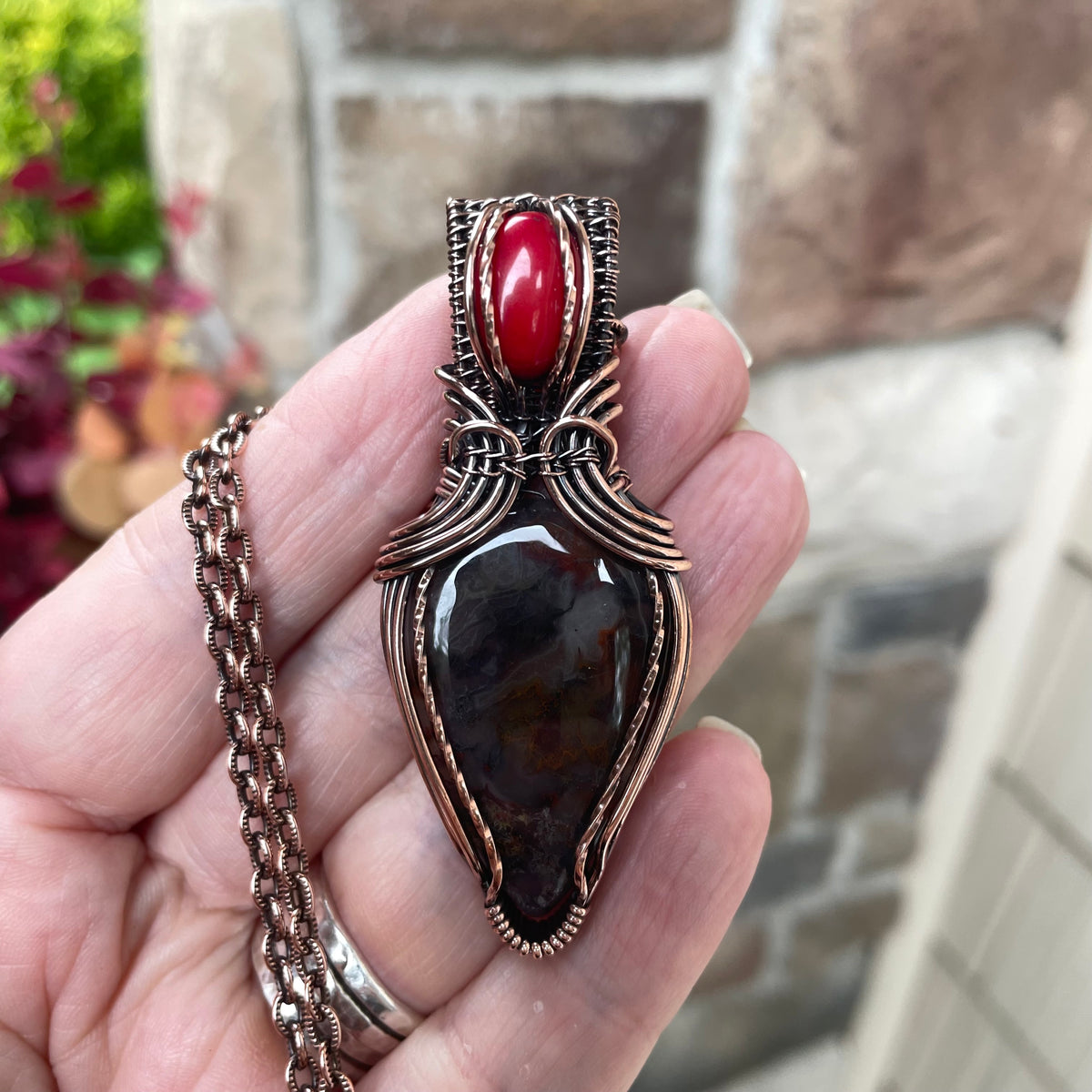 Red Moss Agate & Coral Copper Pendant with Weaving