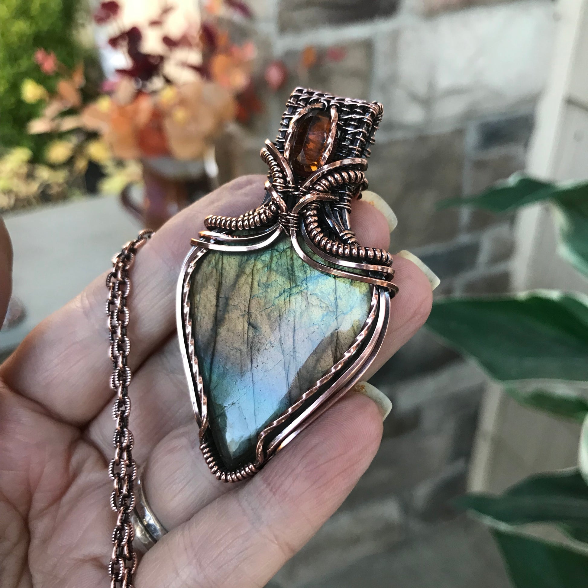 Amber Green Labradorite & Hessonite Garnet Copper Pendant