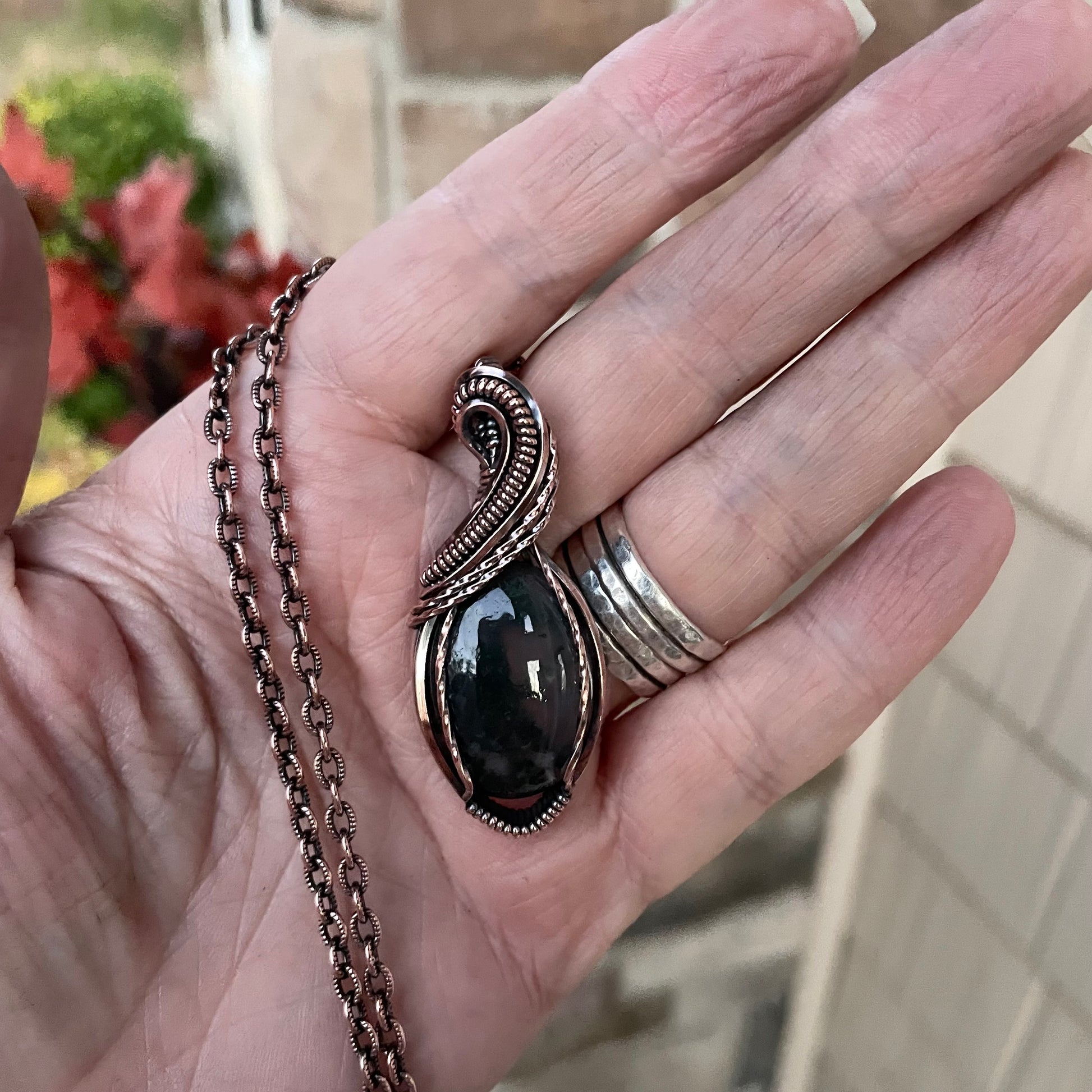 Moss Agate Oval Copper Pendant