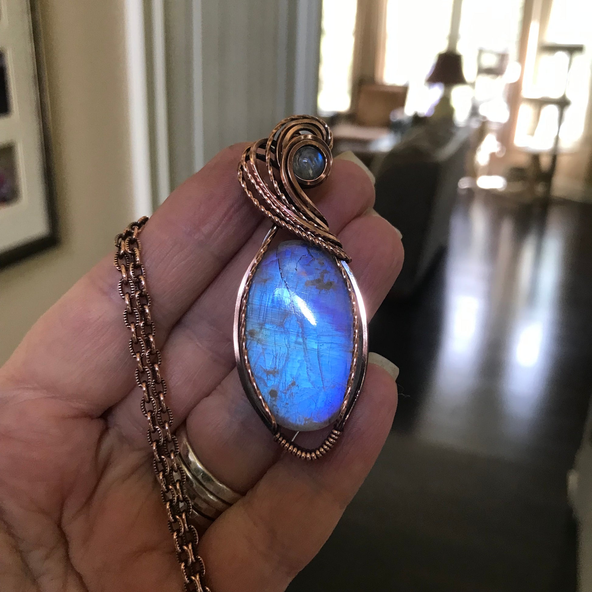 Blue Moonstone Oval Copper Pendant
