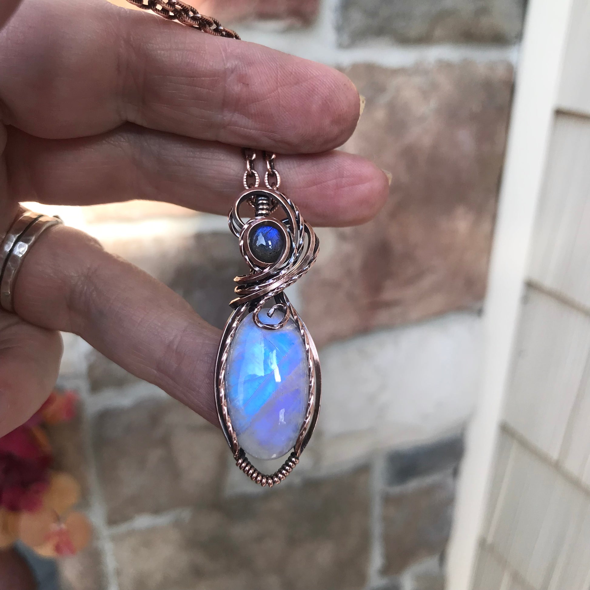 Moonstone & Blue Labradorite Copper Pendant