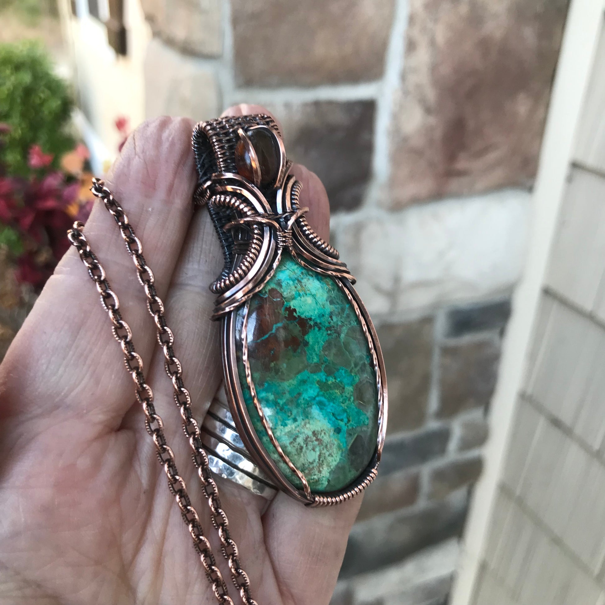 Shattuckite & Amber Oval Pendant with Weaving