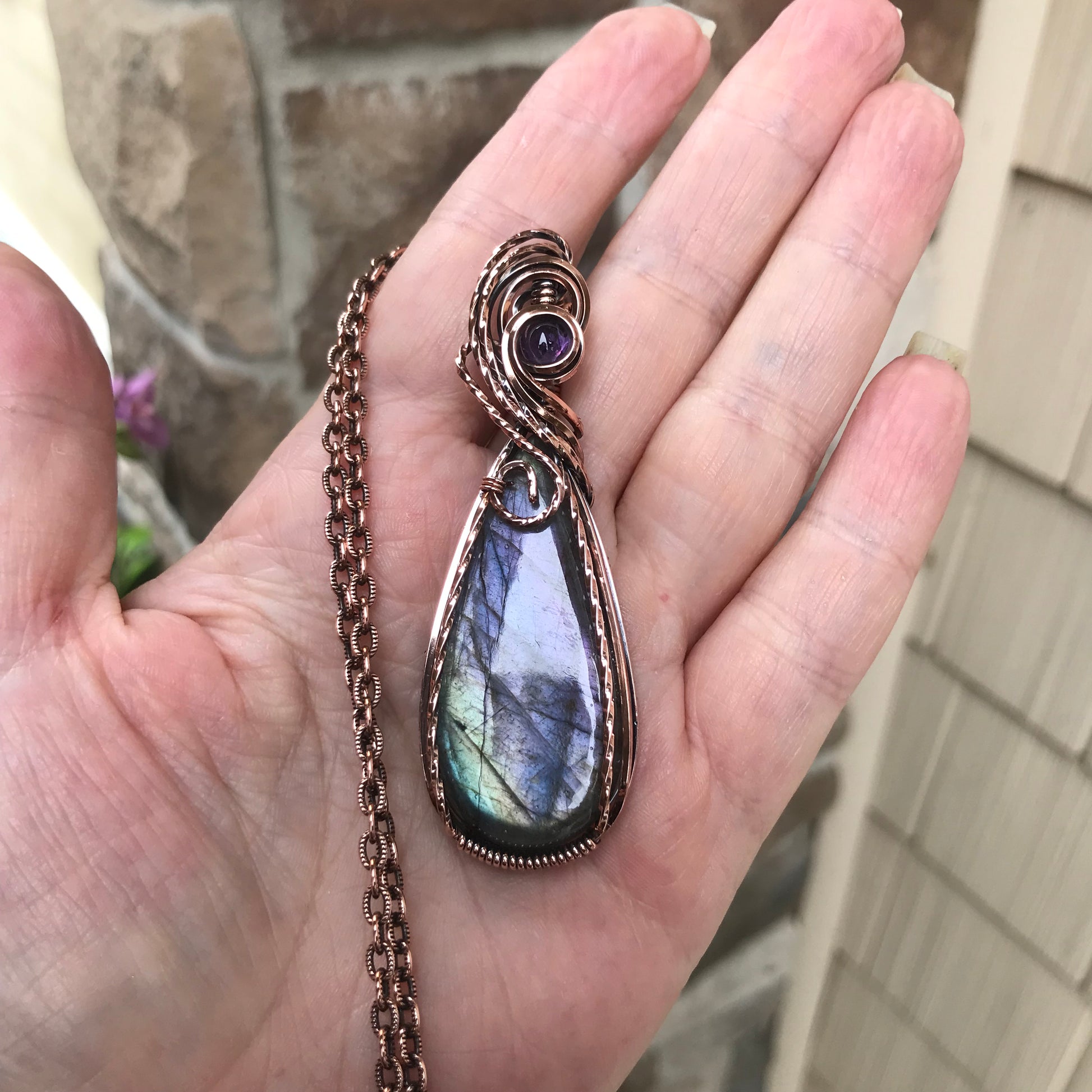Purple Green Slender Labradorite & Amethyst Copper Pendant