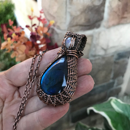 Blue Labradorite & Moonstone Copper Wire Weave Necklace