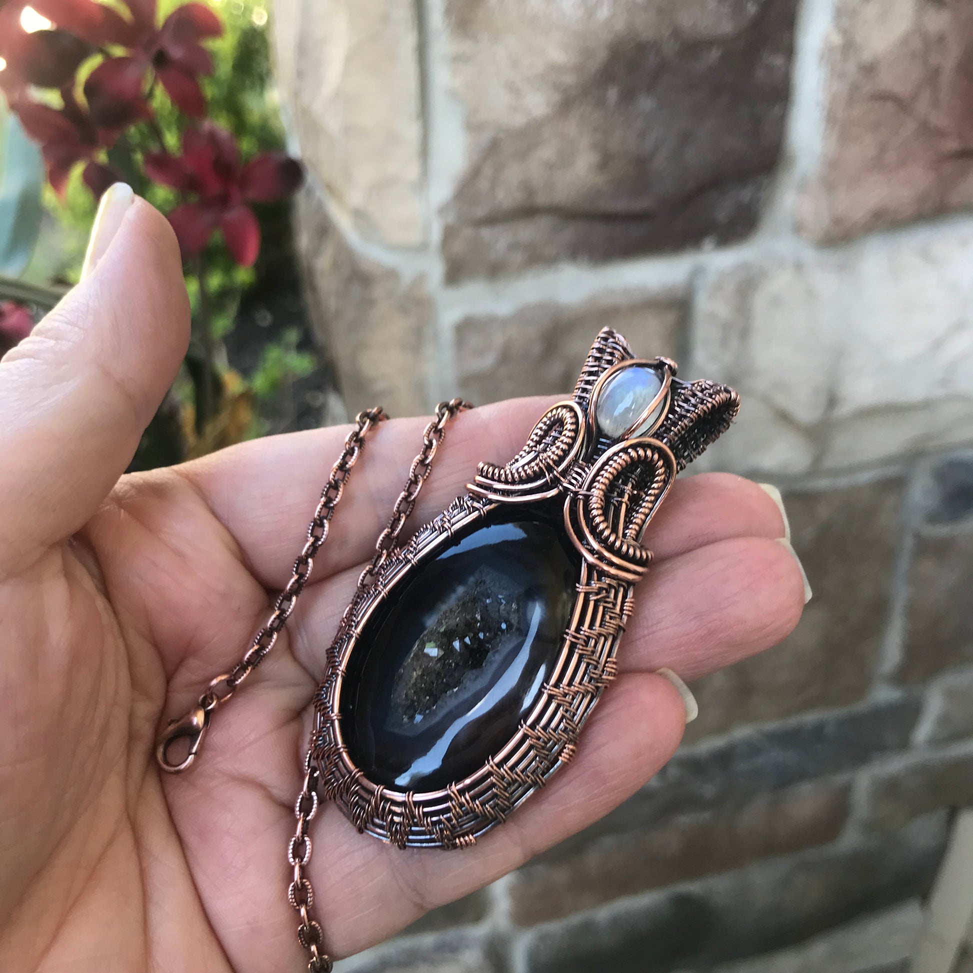 Onyx Druzy & Moonstone Woven Copper Necklace