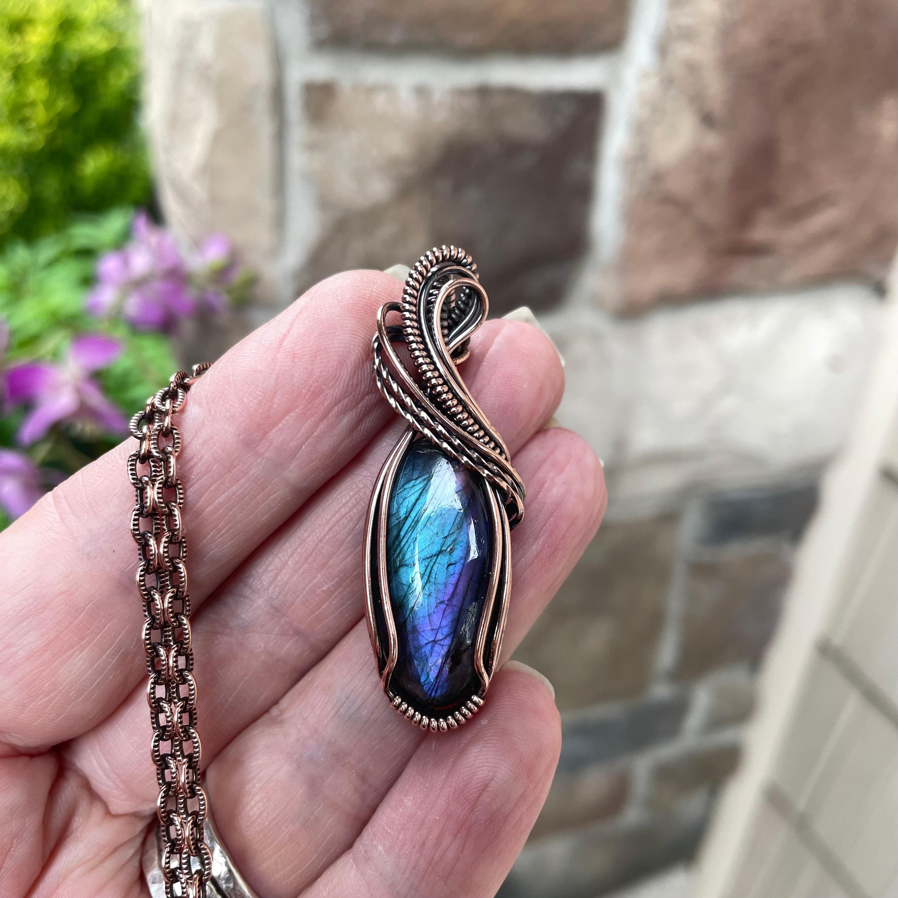 Blue Purple Labradorite Copper Pendant