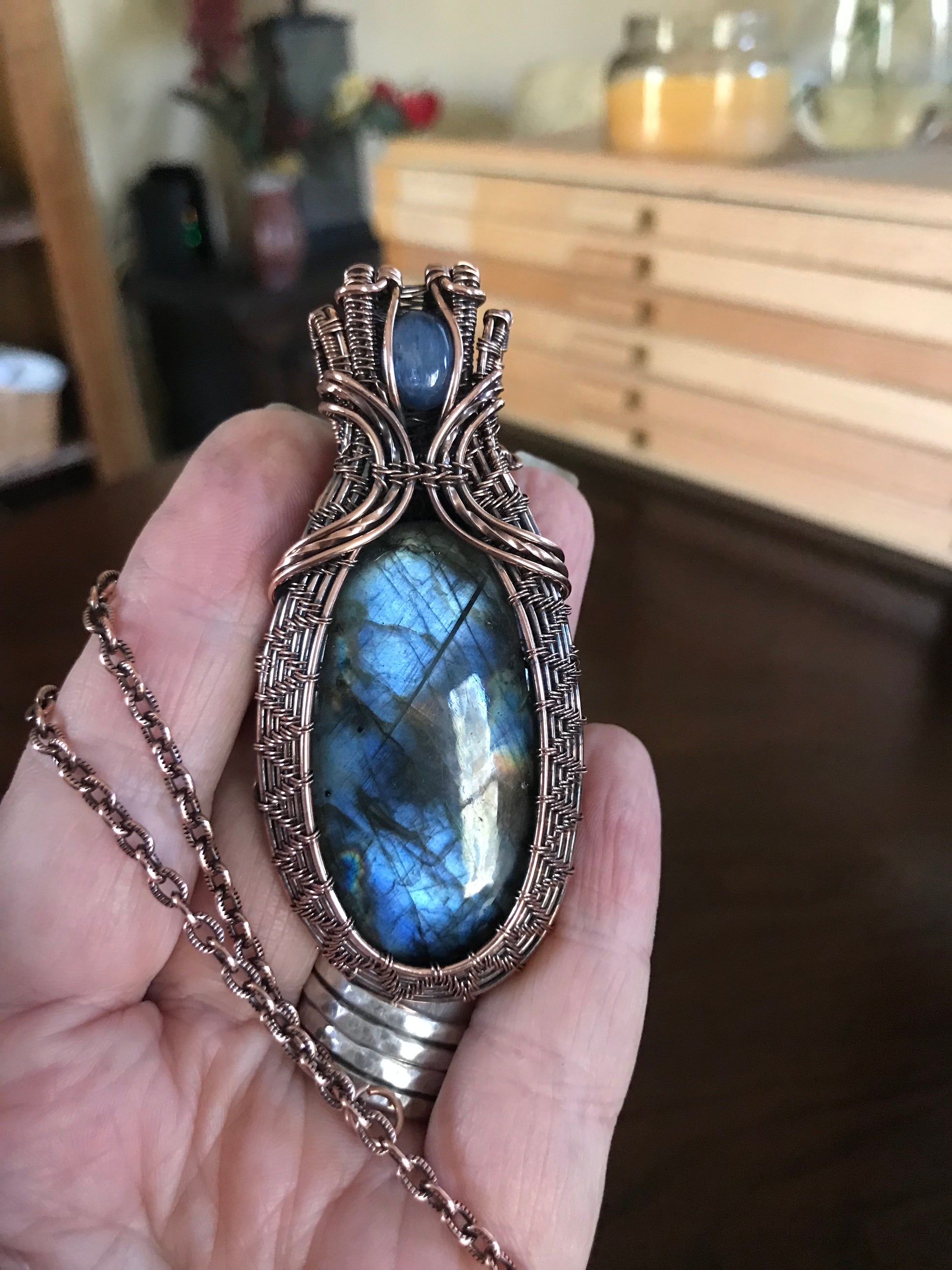 Blue Oval Labradorite & Kyanite Woven Copper Pendant