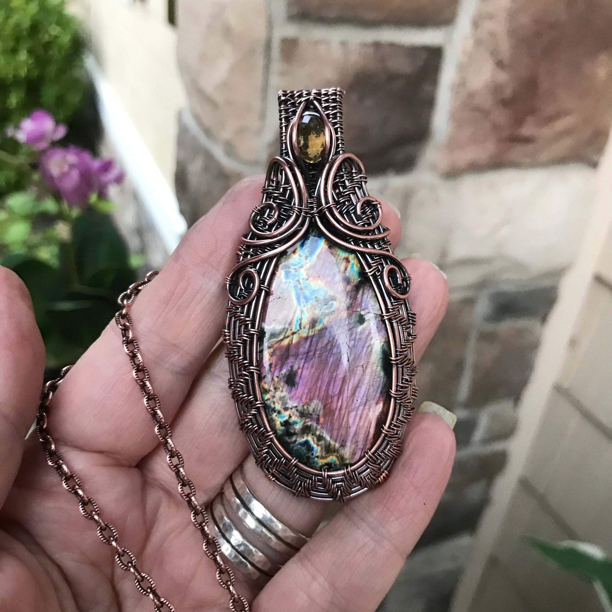 Purple Pink Labradorite with Citrine Woven Copper Pendant