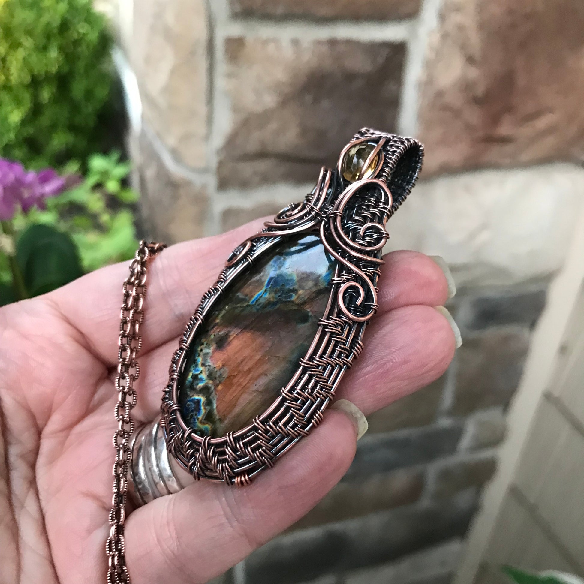 Purple Pink Labradorite with Citrine Woven Copper Pendant