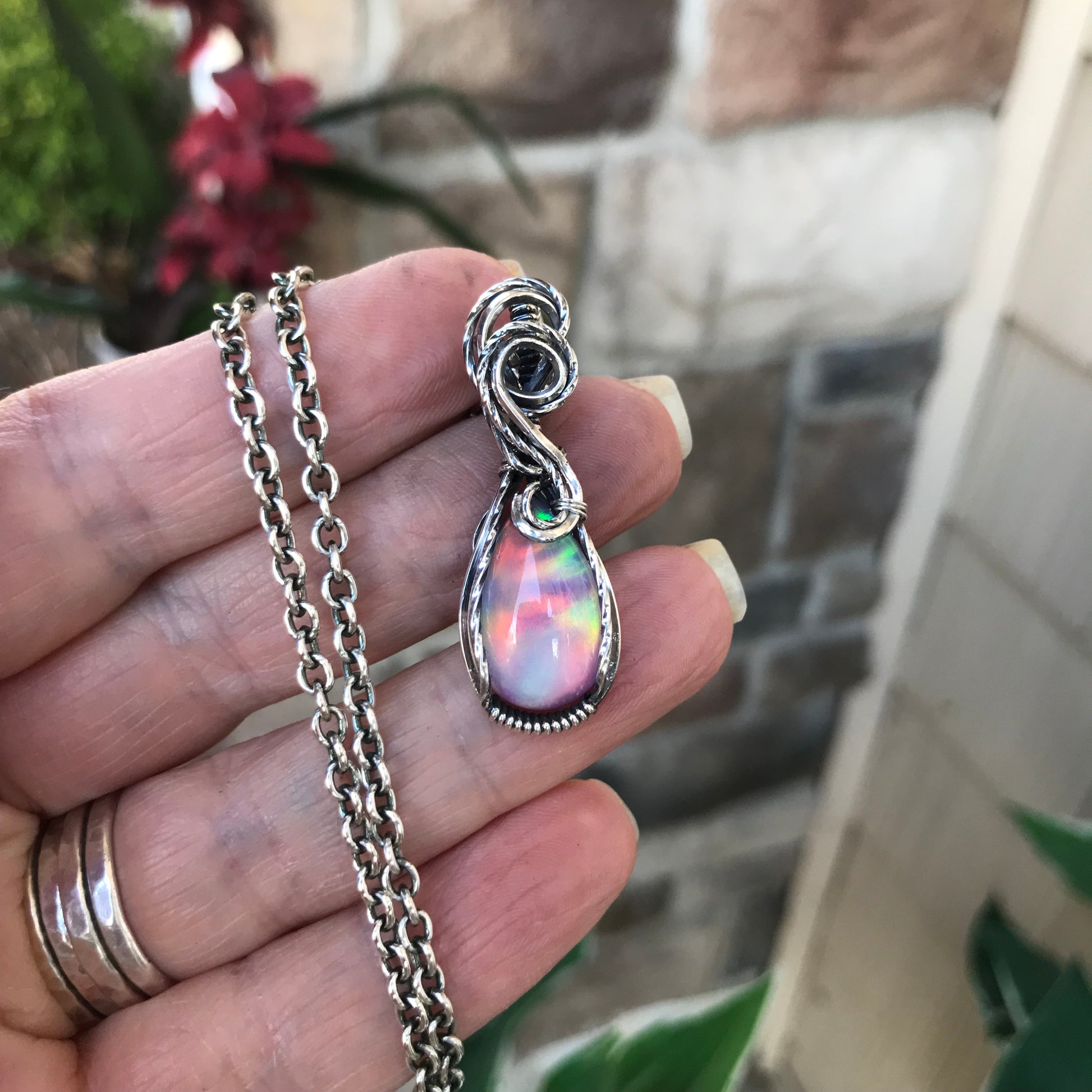 Aurora Opal Sterling Silver Pendant