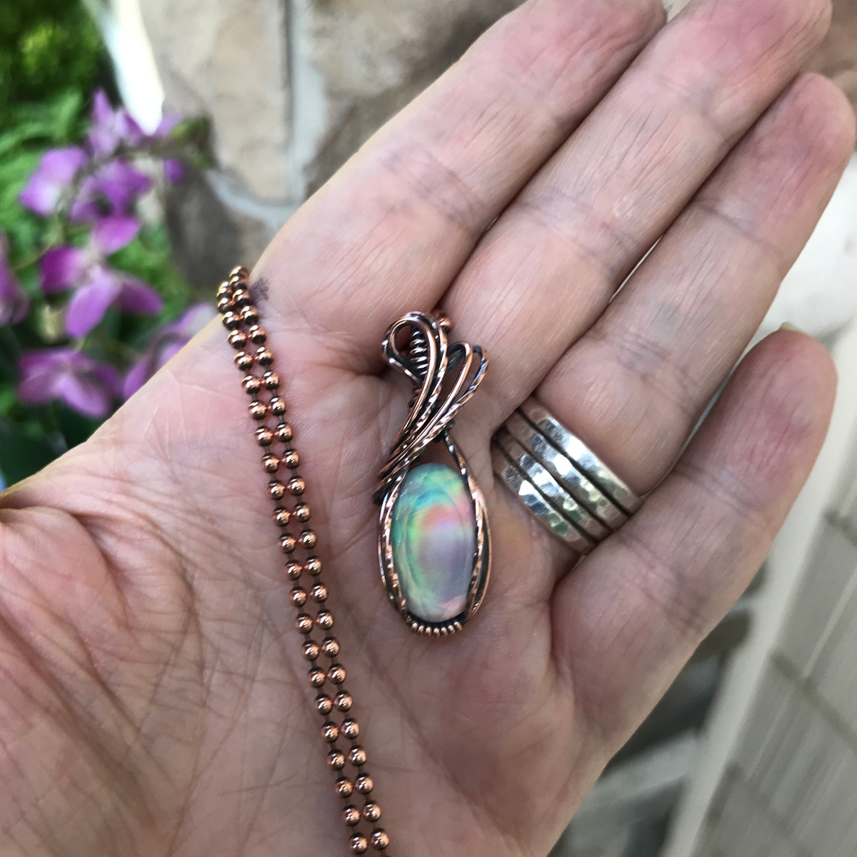 Aurora Opal Green Pink Copper Necklace
