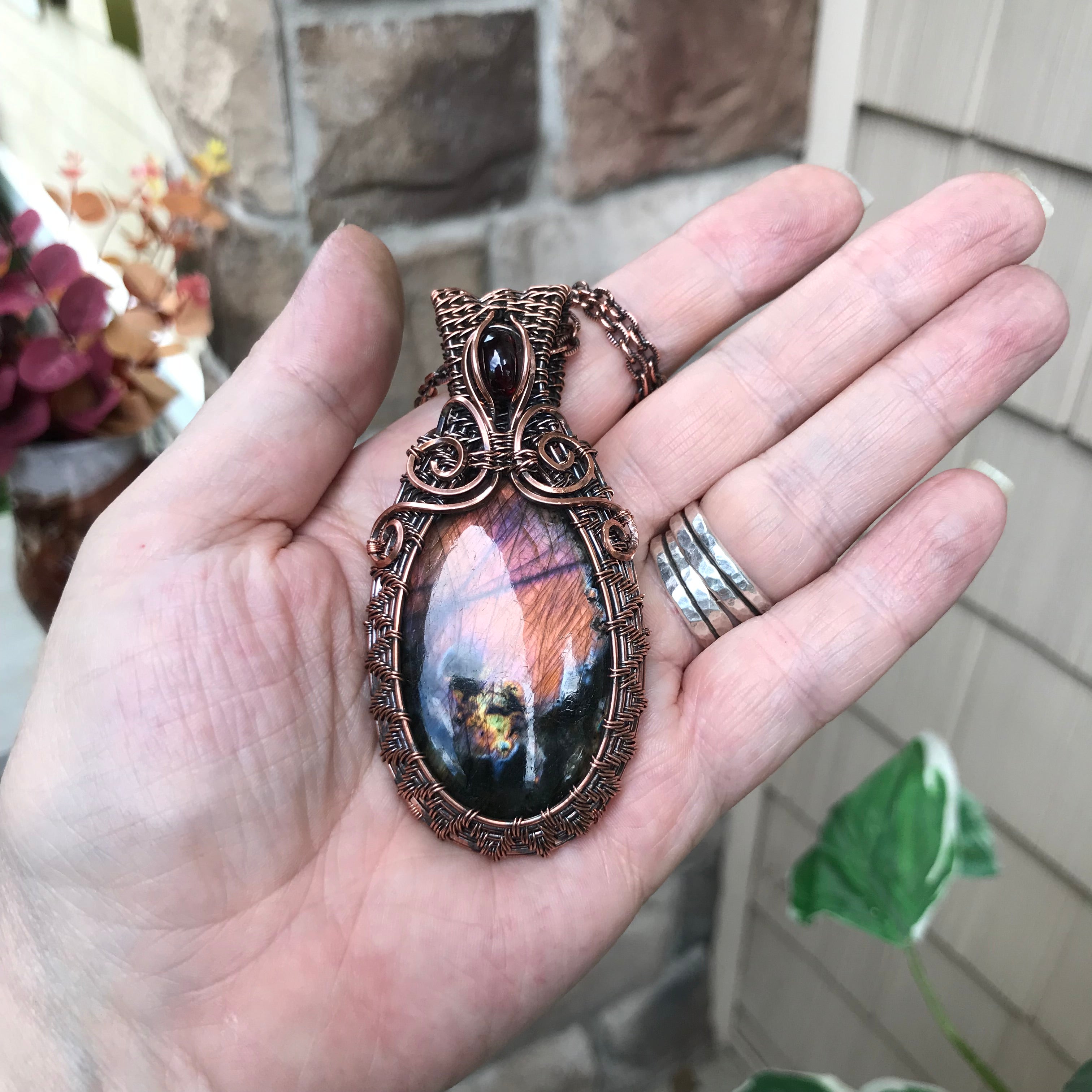 Maroon Amber Labradorite & Garnet Copper Woven Pendant