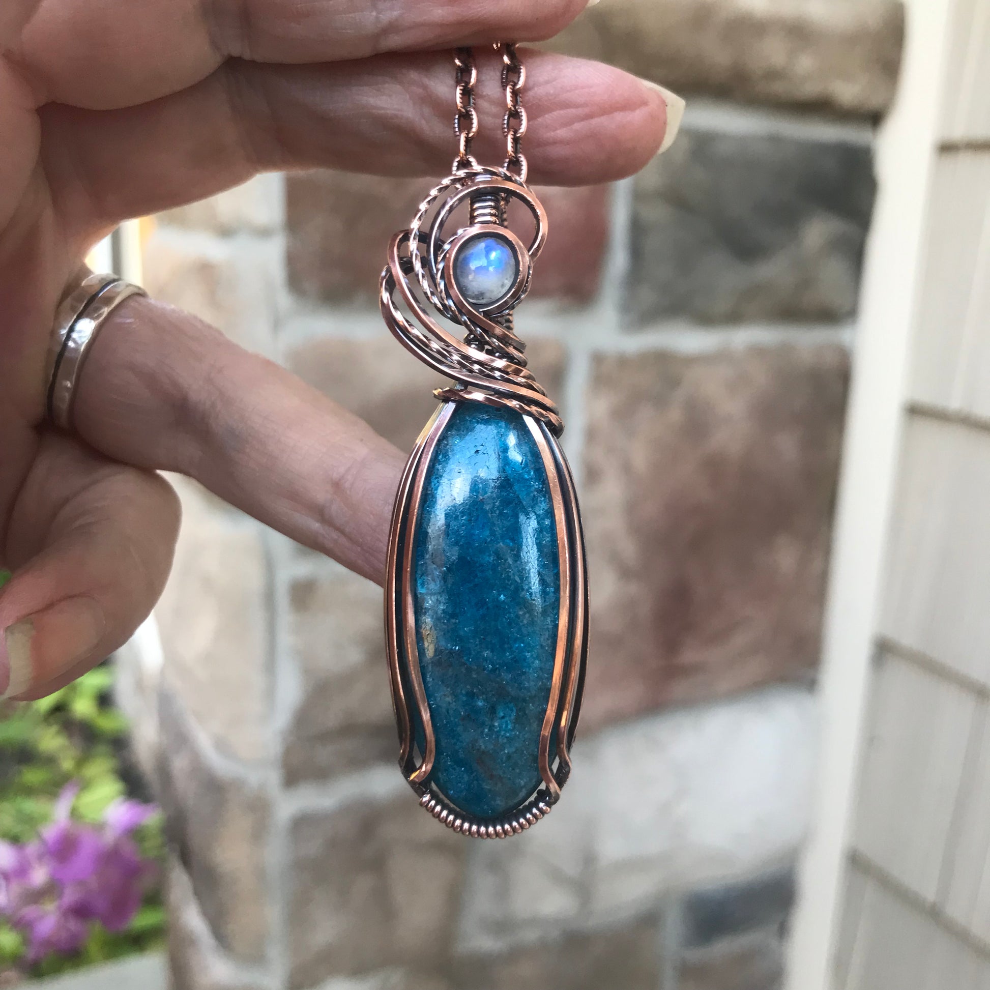 Apatite & Moonstone Slender Copper Necklace