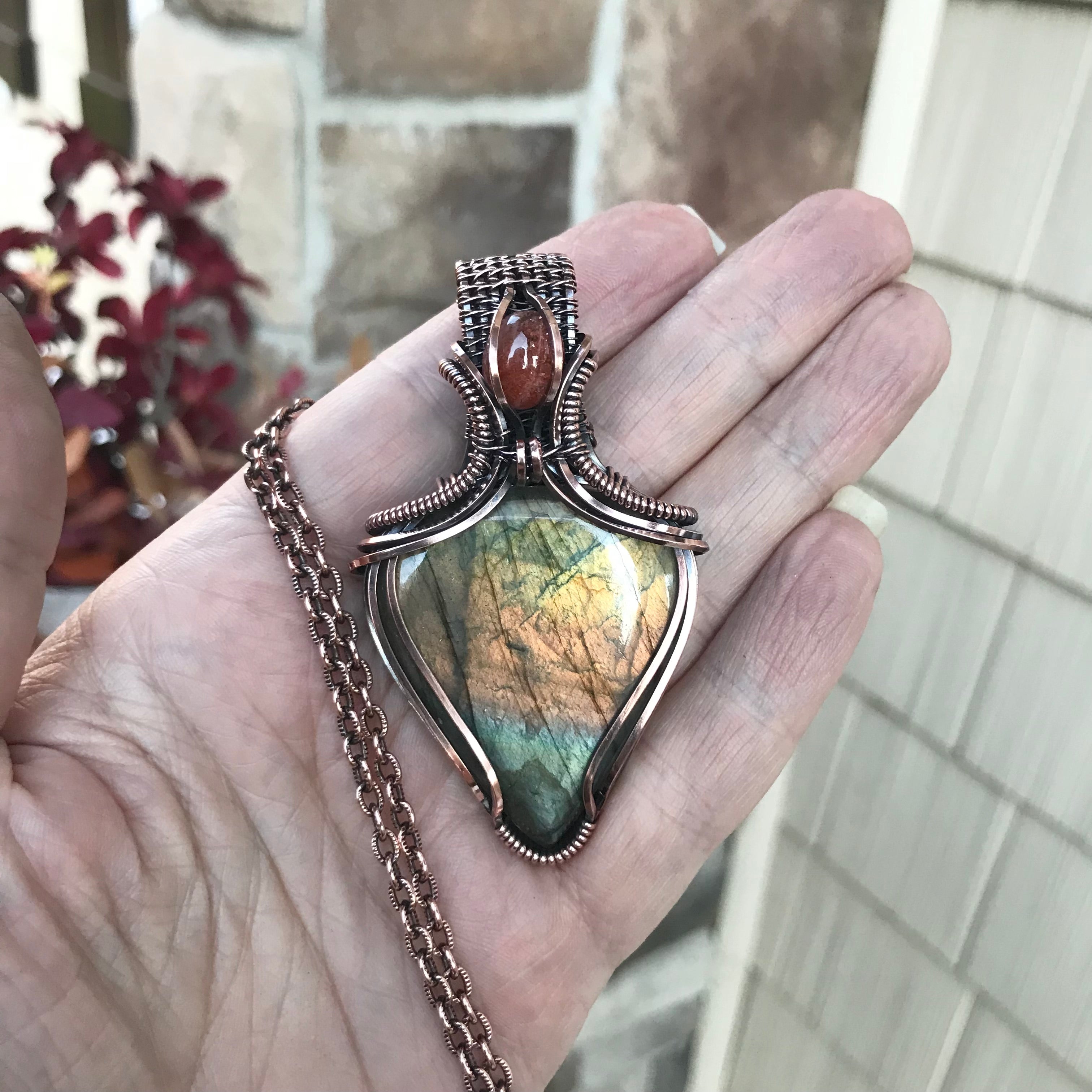 Amber Yellow Labradorite & Citrine Copper Pendant